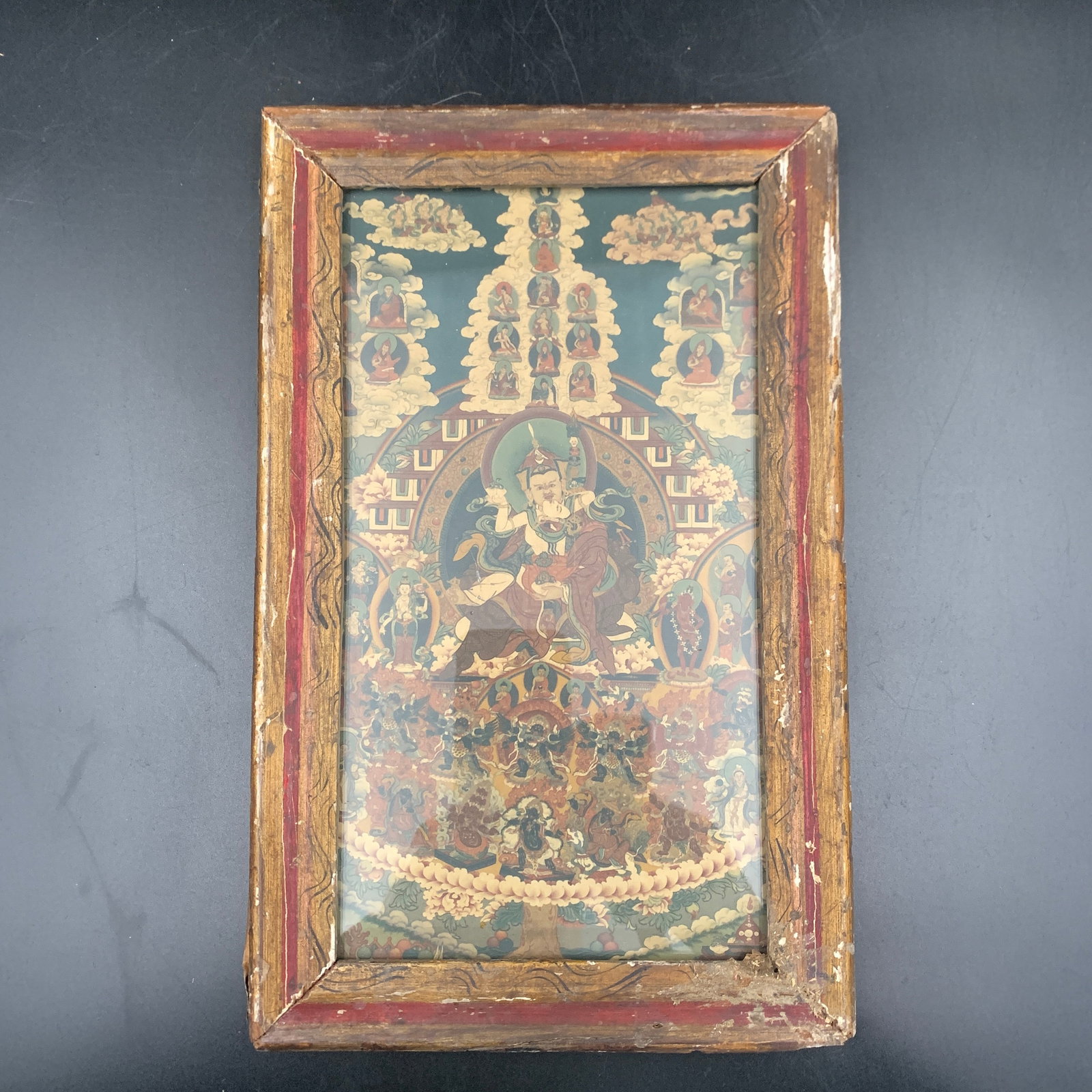 A FINE TIBETIAN THANGKA IN VINTAGE WOODEN FRAME: 19th Century; Long: 12 inch; Width:7.5 inch; Heigh: 0.6 inch; Woodbase for picture and display only