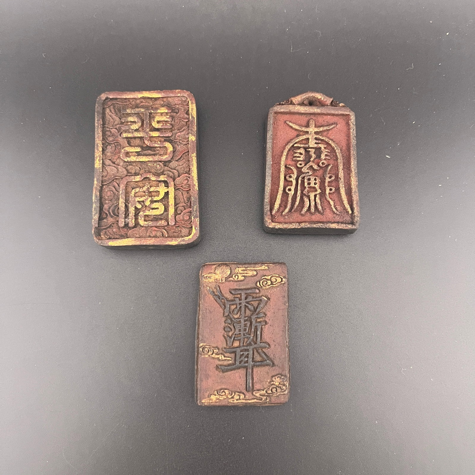GROUP OF THREE CHINESE HERBAL MEDICINE PENDANT: Modern; Long: 2.4 inch; Width:1.58 inch; Heigh: 0.48 inch; Long: 2.2 inch; Width:1.43 inch; Heigh: 0.42 inch; Long: 2.05 inch; Width:1.38 inch; Heigh: 0.42 inch; Woodbase for picture and display only