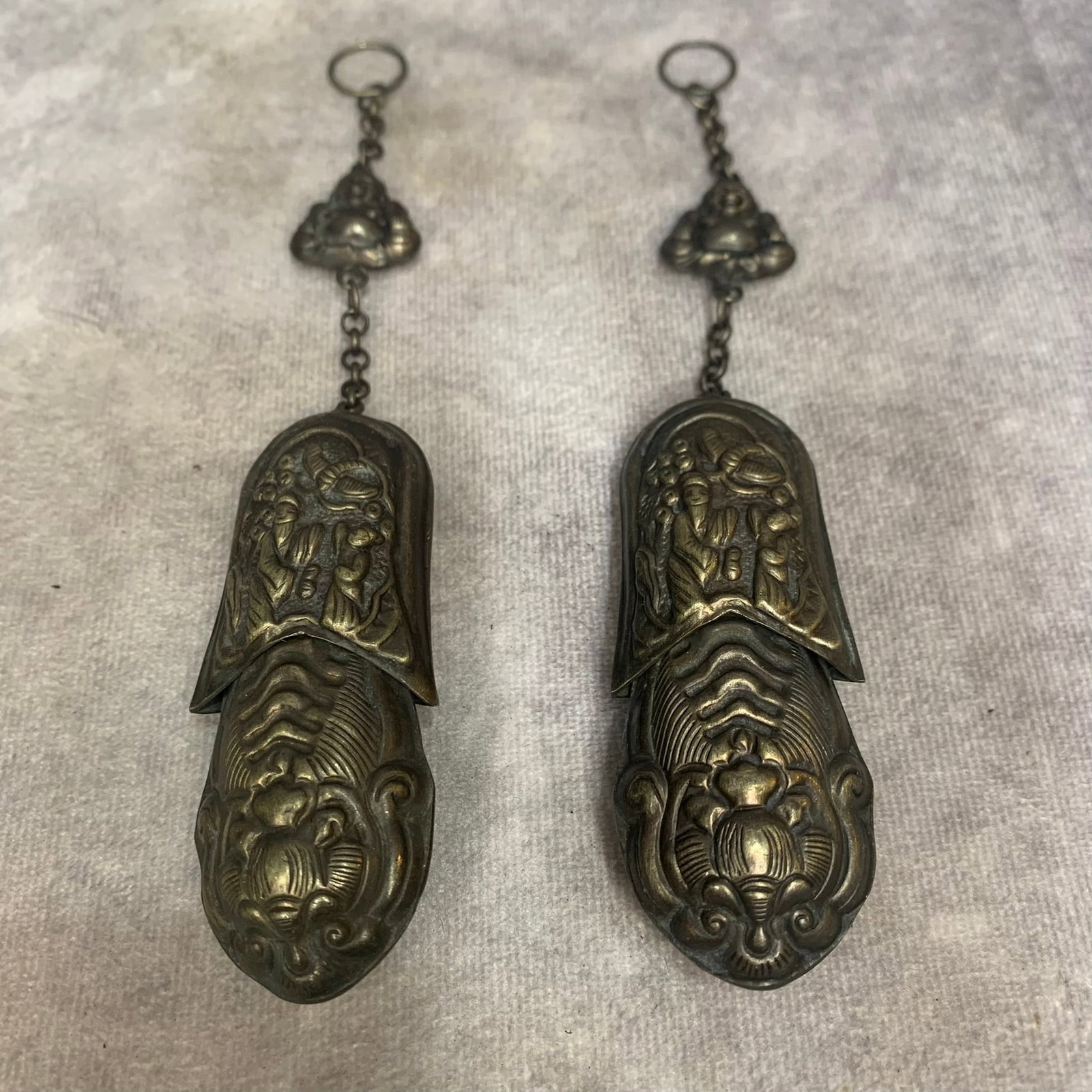 GROUP OF TWO WHITE BRONZE FINELY CARVED PENDANT: Modern; High: 7.0 inch; Width: 1.3 inch; Long: 0.8 inch; Woodbase for picture and display only