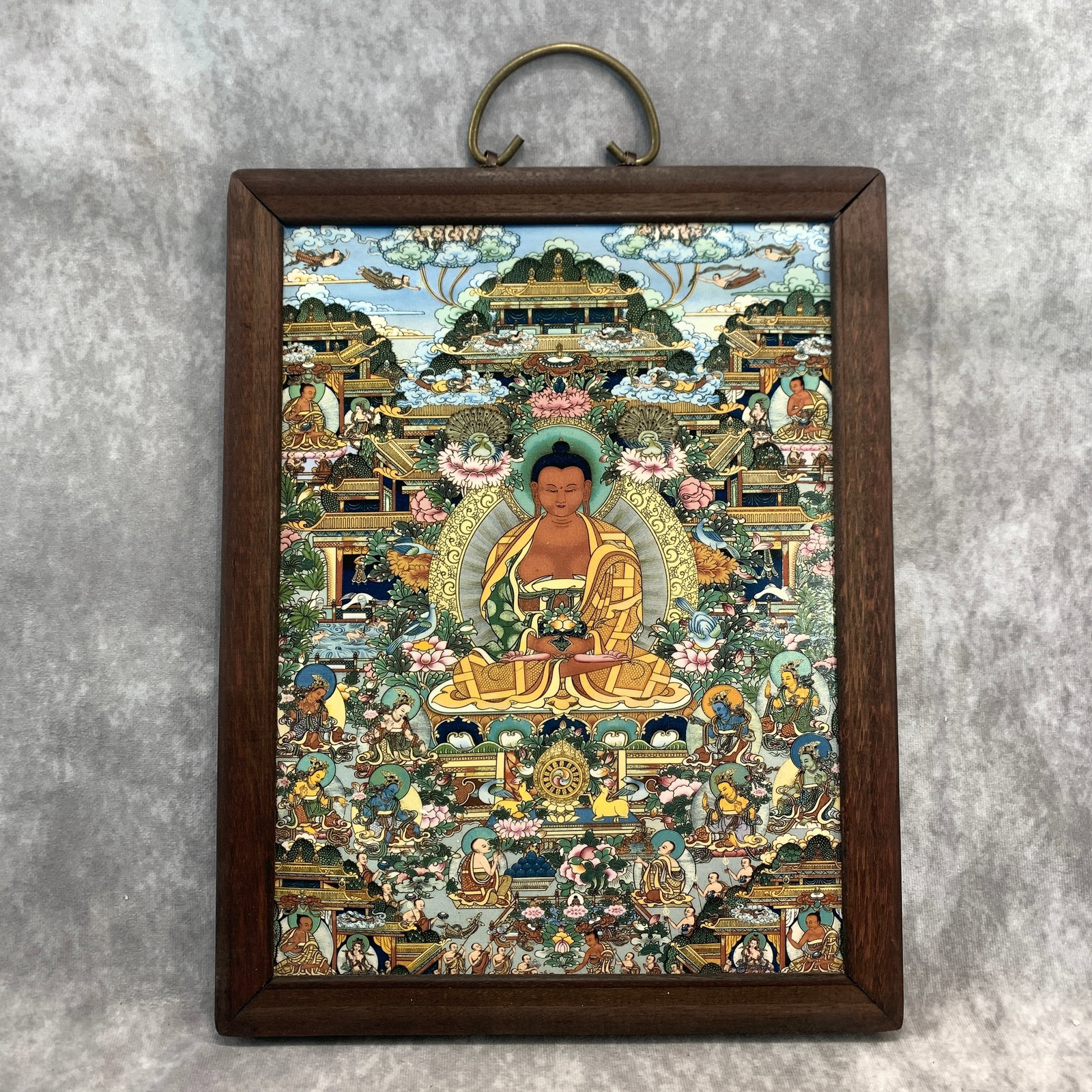 A FINE CERAMIC TILE PAINTING THANGKA WITH WOOD FRAME: Modern; Long: 14.5 inch; Width:11.2 inch; Heigh: 0.7 inch; Woodbase for picture and display only