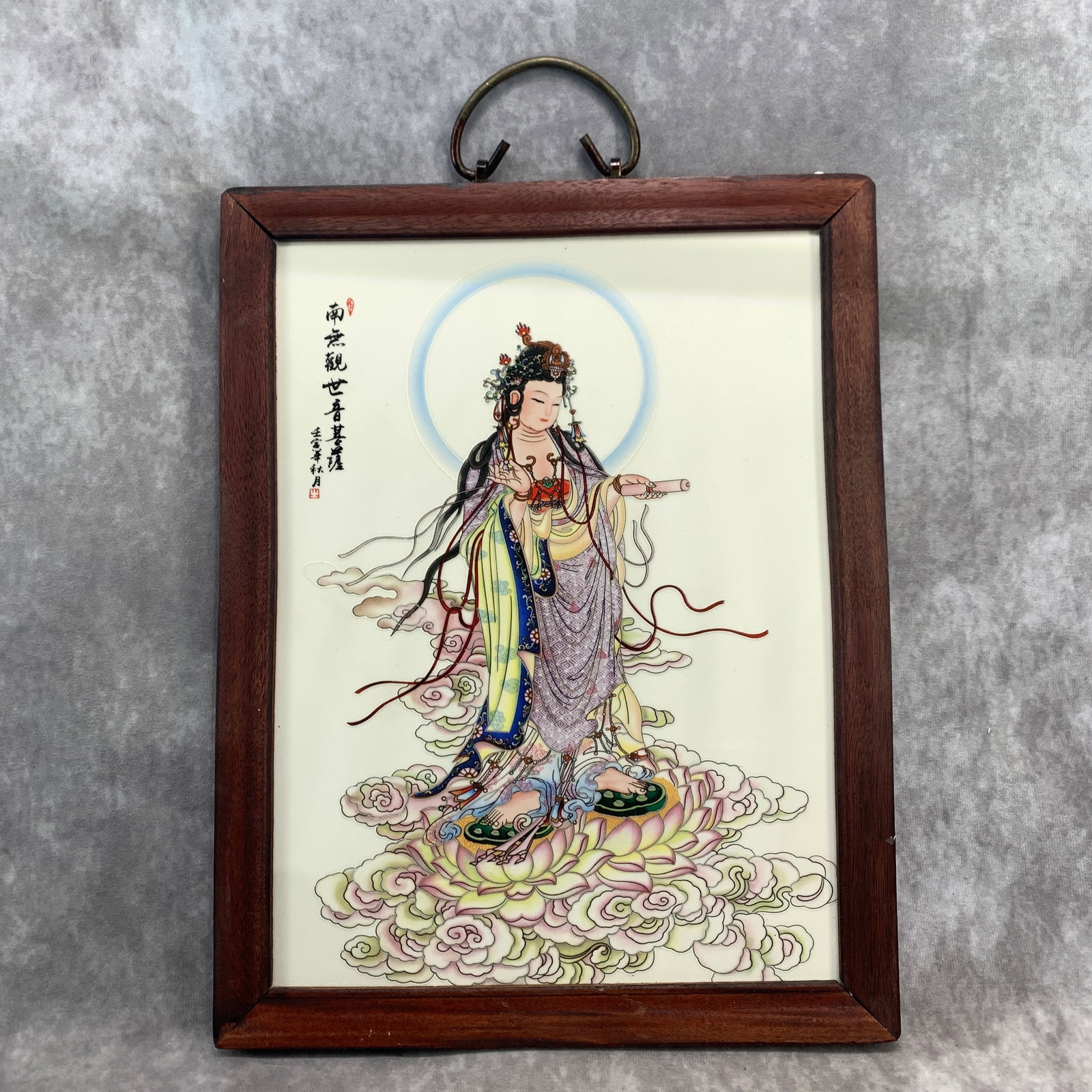 A FINE CERAMIC TILE GUANYIN PAINTING WITH WOOD FRAME: Modern; Long: 14.5 inch; Width:11.2 inch; Heigh: 0.7 inch; Woodbase for picture and display only