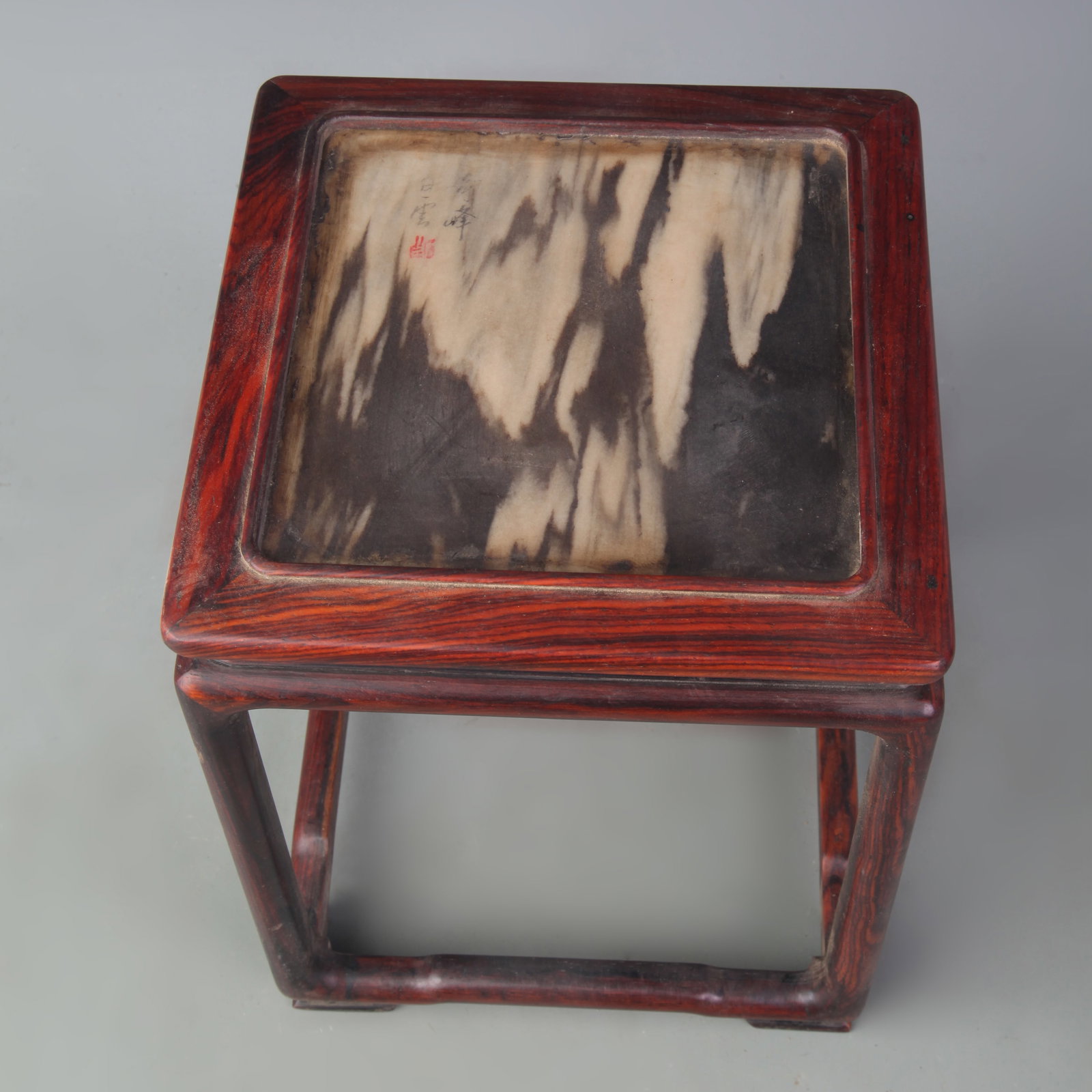 A FINE HARDWOOD WITH MARBLE MADE STAND: Qing Dynasty; Width: 6.6 inch; High: 8.6 inch; Woodbase for picture and display only