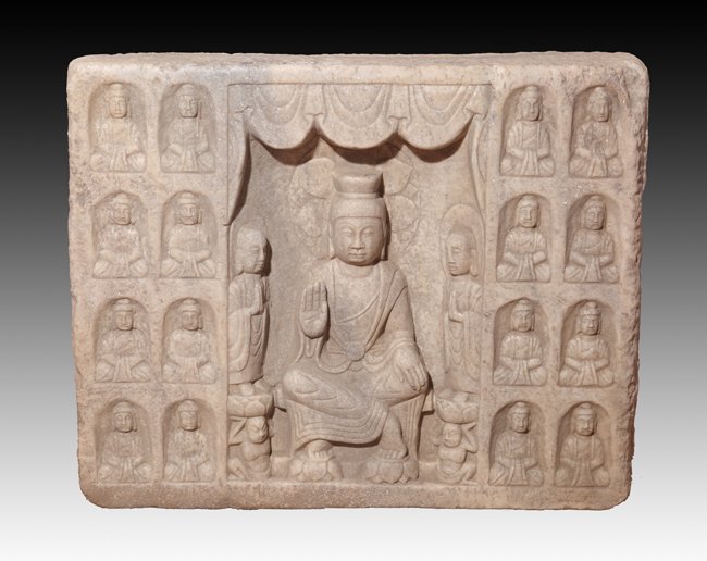 A RARE AND LARGE STONE BUDDHIST STELE: Tang Dynasty, H:16.1" X 19.6"