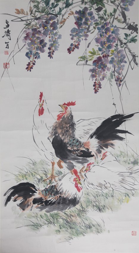 WANG XUETAO (ATTRIBUTED TO, 1903-1982): Big Chickens, 38.2" X 20.9"