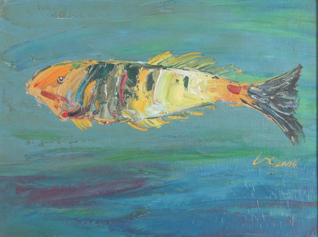 A LIANG BO OIL PAINTING: The Fish, 11.8" X 15.7"