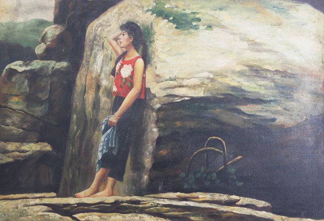 A WANG YIDONG OIL PAINTING: A Girl by the Rock, 24.0" X 35.4"