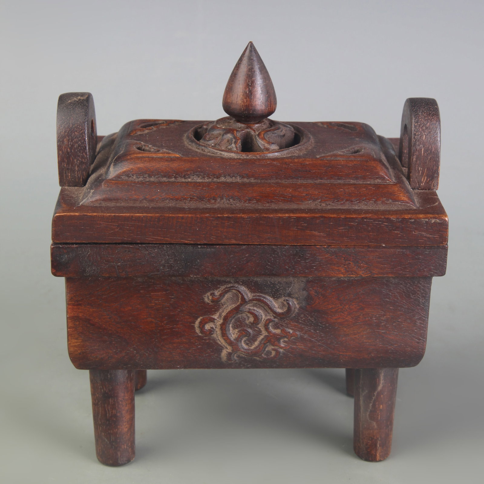 A FINE HUANGHUALI WOOD INCENSE BURNER: 19th Century; Long: 5.0 inch; Width: 3.5 inch; High: 5.7 inch; Wooden base for picture and display only.