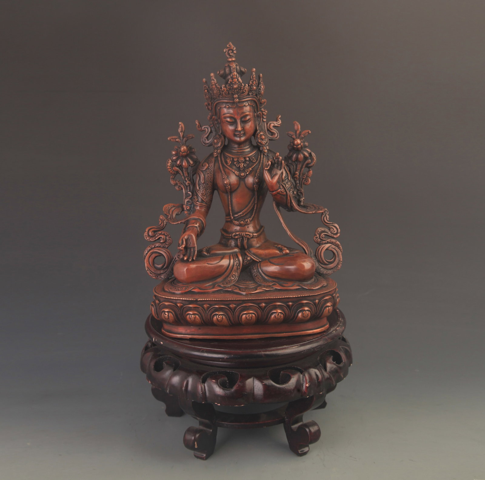 RARE TIBETAN BUDDHISM SEATED WHITE TARA STATUE: 19th Century; High: 12.25 inch; Width: 9.25 inch. Wooden base for picture and display only.