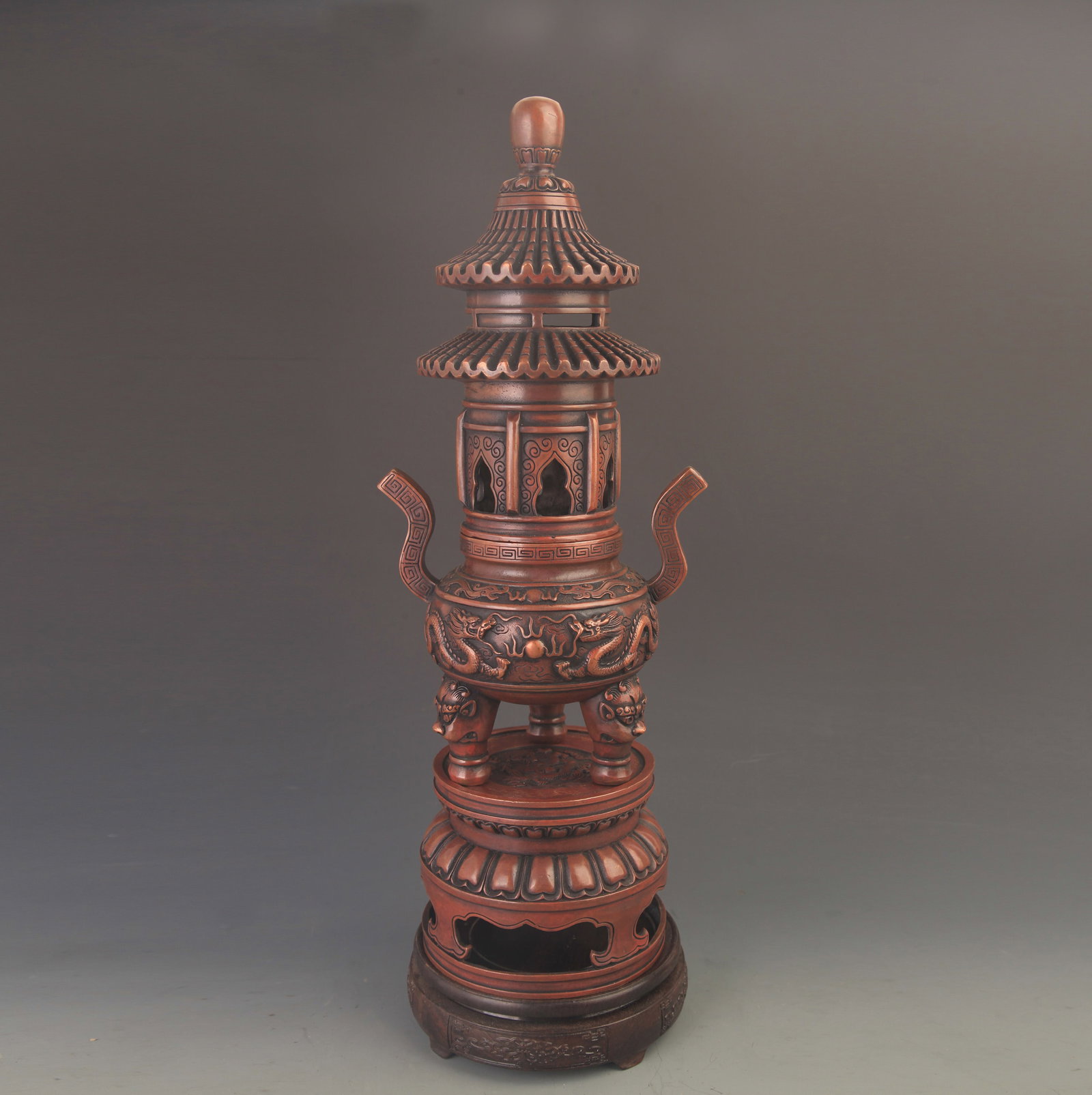 RARE DOUBLE DRAGON STYLE DING STYLE RED BRONZE VASE (1 of 4)