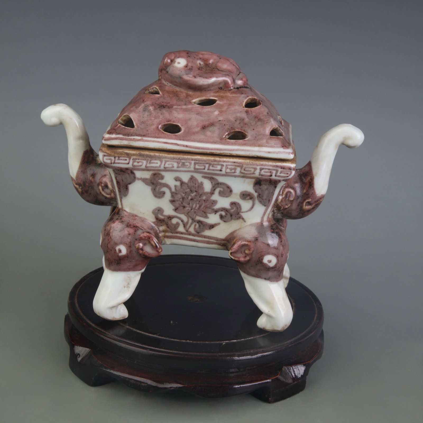 UNDERGLAZE RED ELEPHANT FOOT FOUR-SIDED PORCELAIN INCENSE BURNER: Ming Dynasty Style Xuan De Period Diameter:Width: 8.1in ; High: 6.5in; Wooden base for picture and display only.