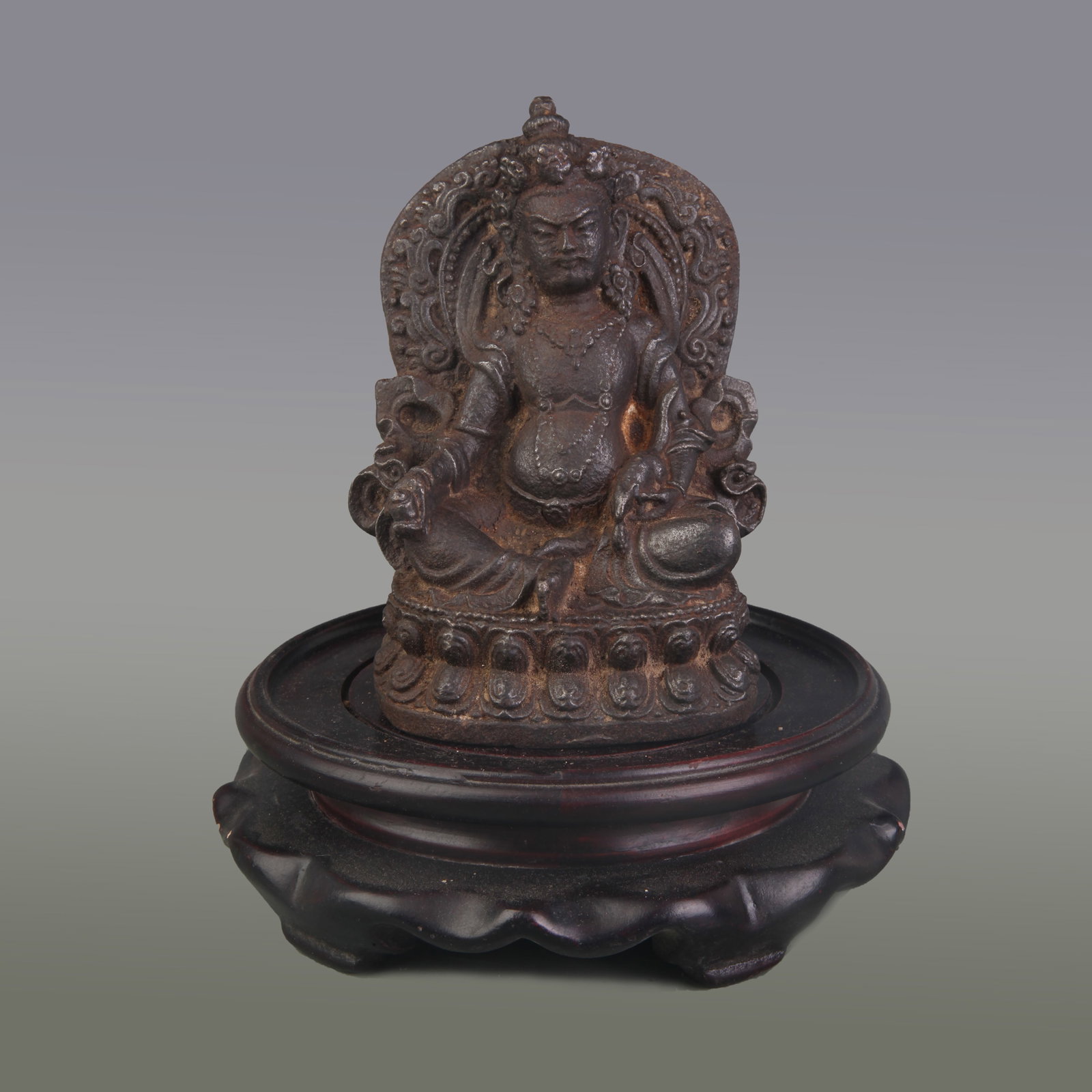 CAST IRON GOD OF WEALTH STATUE: Qing Dynasty; High: 4.2 inch. Wooden base for picture and display only.