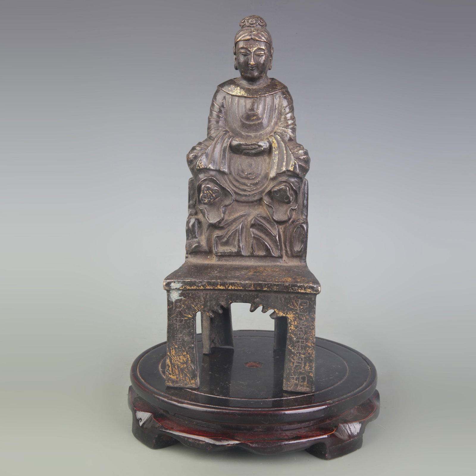 A FINE BRONZE MAITREYA BUDDHA STATUE: Qing Dynasty; High: 9.3 inch. Wooden base for picture and display only.