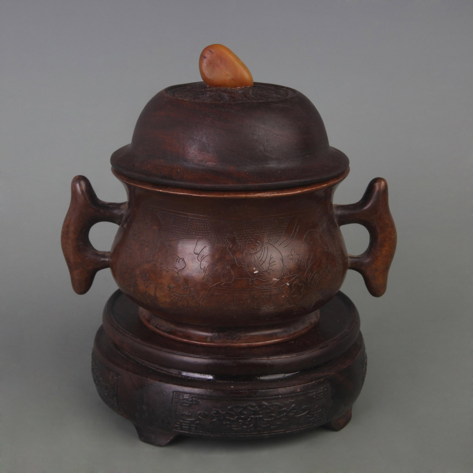 RARE CHARACTER PATTERN FISH EAR BRONZE INCENSE BURNER WITH REDWOOD LID (1 of 6)