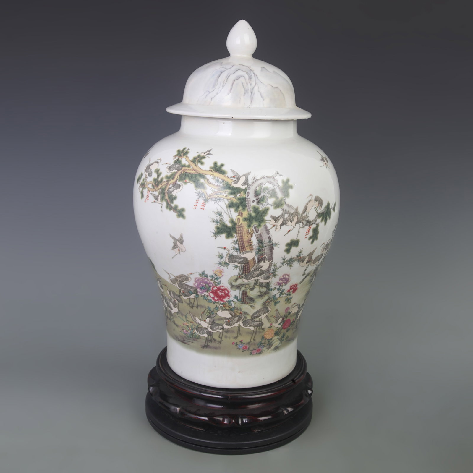 FAMILLE ROSE CRANE AND FLOWER PATTERN PORCELAIN VASE: Qing Dynasty Qian Long Period; High: 19.5 inch; Diameter: 6.5 inch. Wooden base for picture and display only.