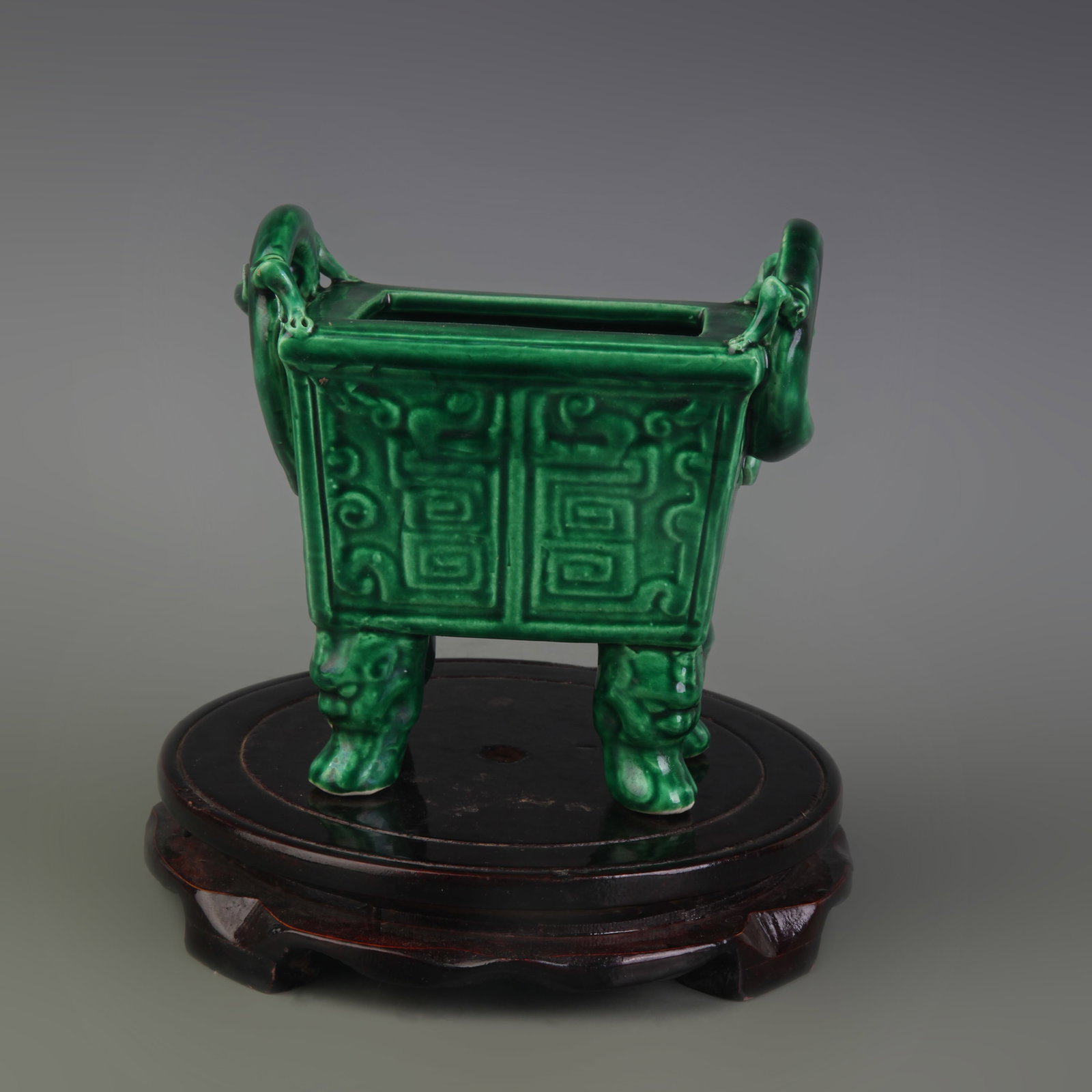 GREEN GLAZED SQUARE DING STYLE INCENSE BURNER: Qing Dynasty Qian Long Period; Long: 5.3 inch; High: 5.4 inch; Wooden base for picture and display only.
