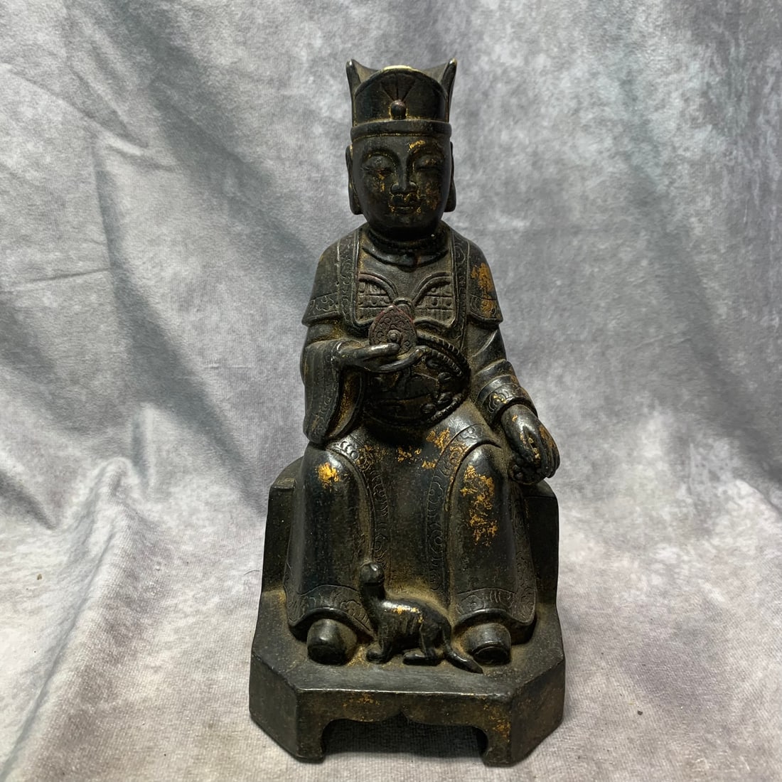 A FINE BRONZE GILT WEALTH GOD STATUE: Ming Dynasty Style; Long: 4.8 inch; Width: 4.8 inch; H; 9.2 inch. Wooden base for picture and display only.