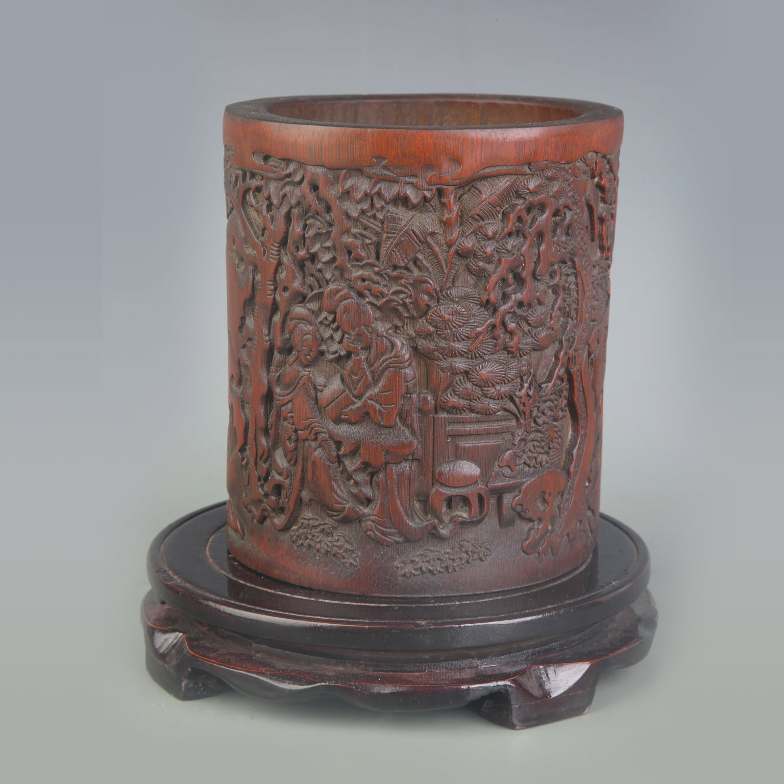 A CARVED BAMBOO BRUSH POT: Republic Period; Wooden base for picture and display only.