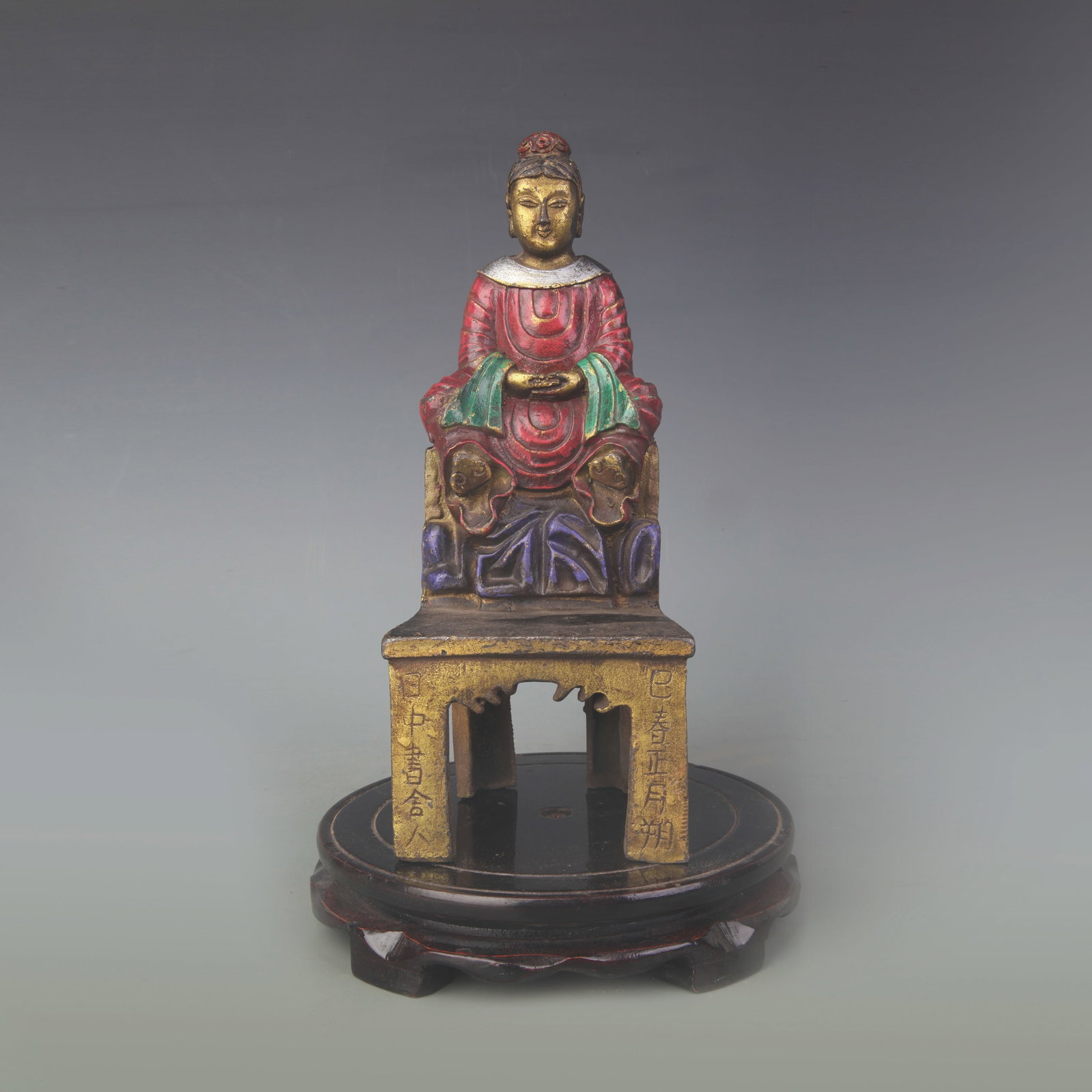 A FINE BRIGHT ENAMEL PAINT BRONZE HIGH RANKING OFFICIAL STATUE: Qing Dynasty; High:9.6 inch; Wooden base for picture and display only.