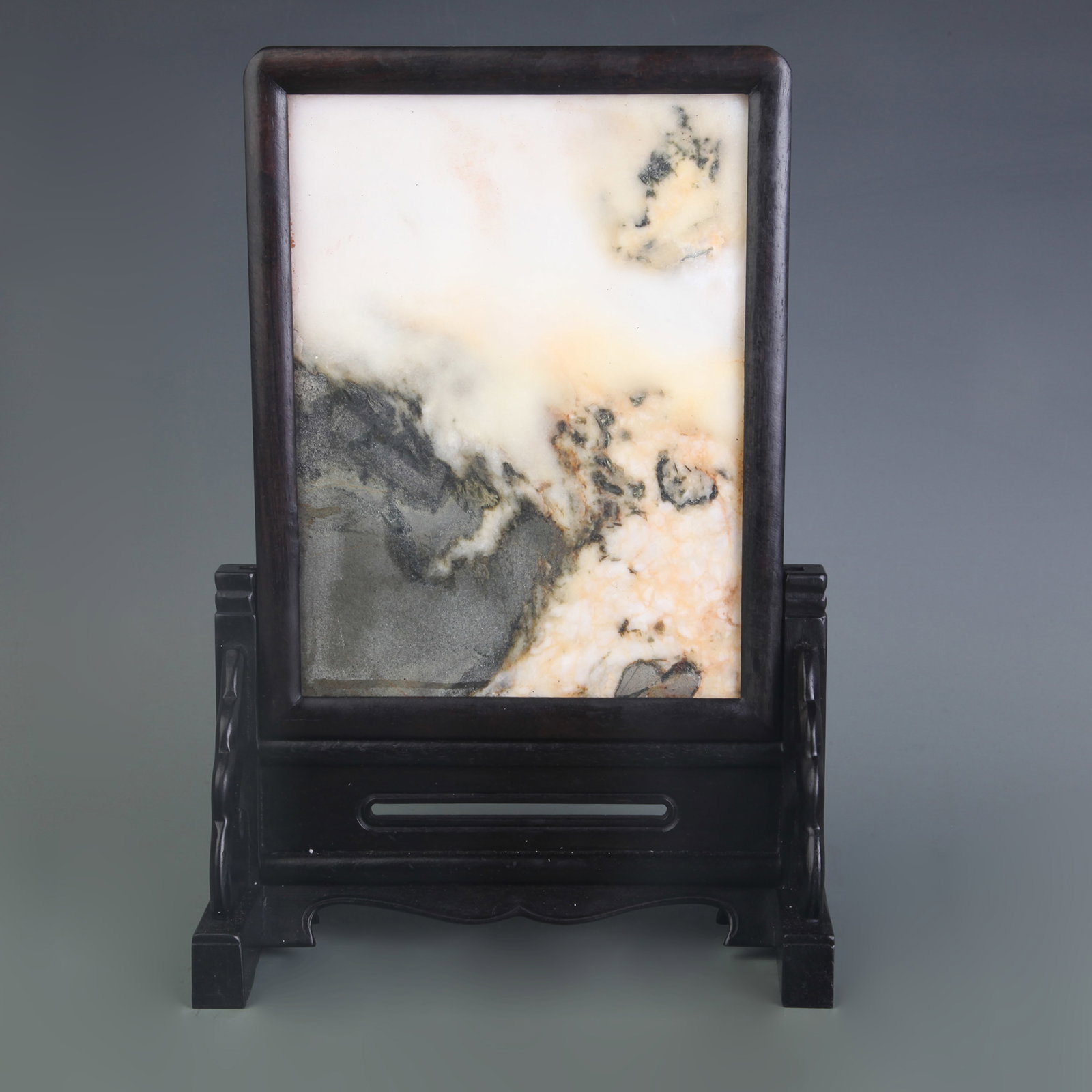 A HARDWOOD TABLE SCREEN WITH MARBLE INLAY - 4