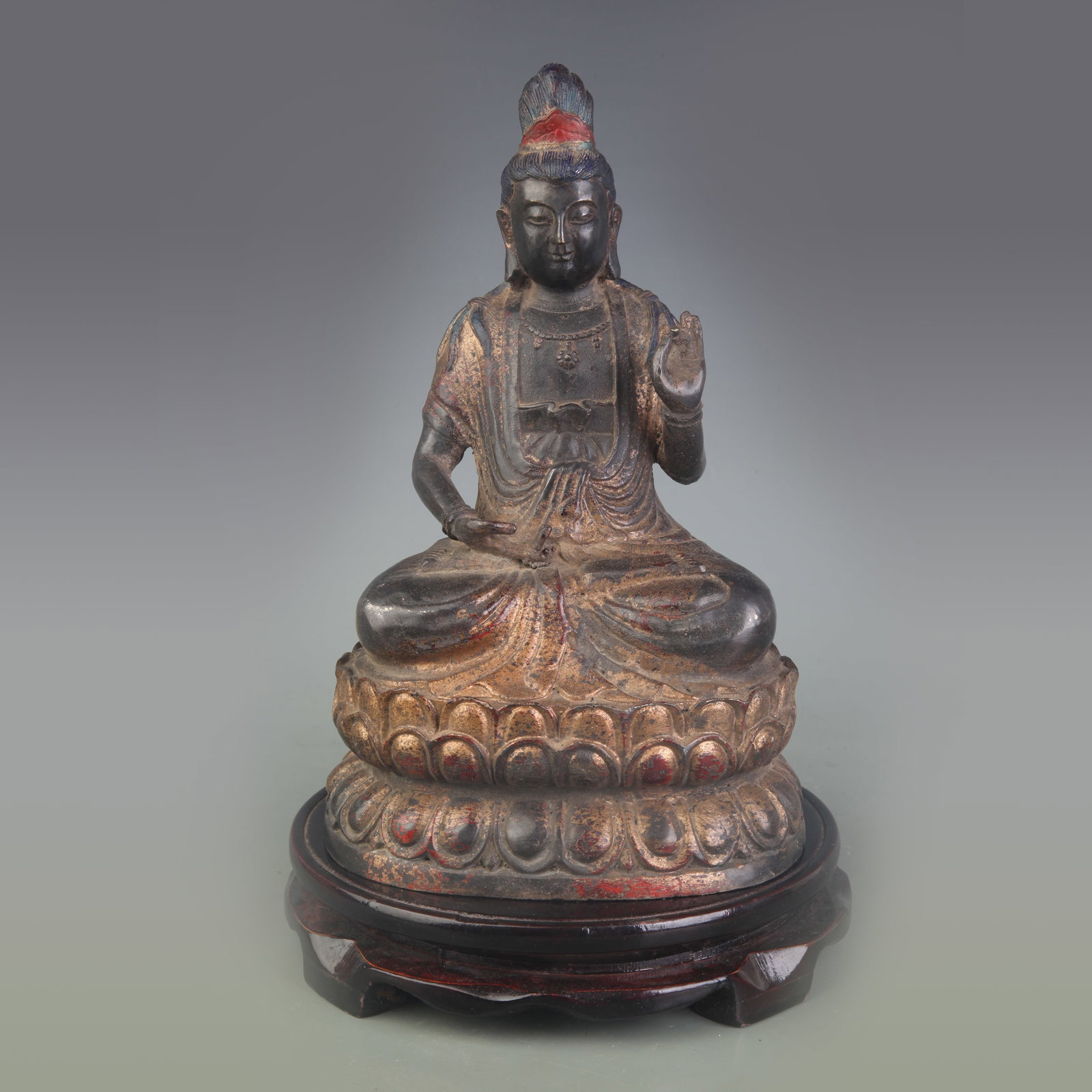 SEATED BRONZE STATUE OF GUANYIN (AVALOKITESHVARA): Qing Dynasty; Width: 5.0 inch; High: 9.1 inch; Wooden base for picture and display only.