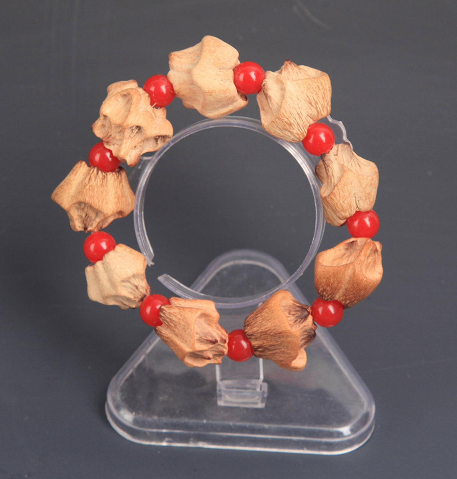 GOLDENBERRY SEED MADE BUDDHIST PRAYER BRACELET: Modern; Each Beads:1.0 inch. Wooden base for picture and display only.