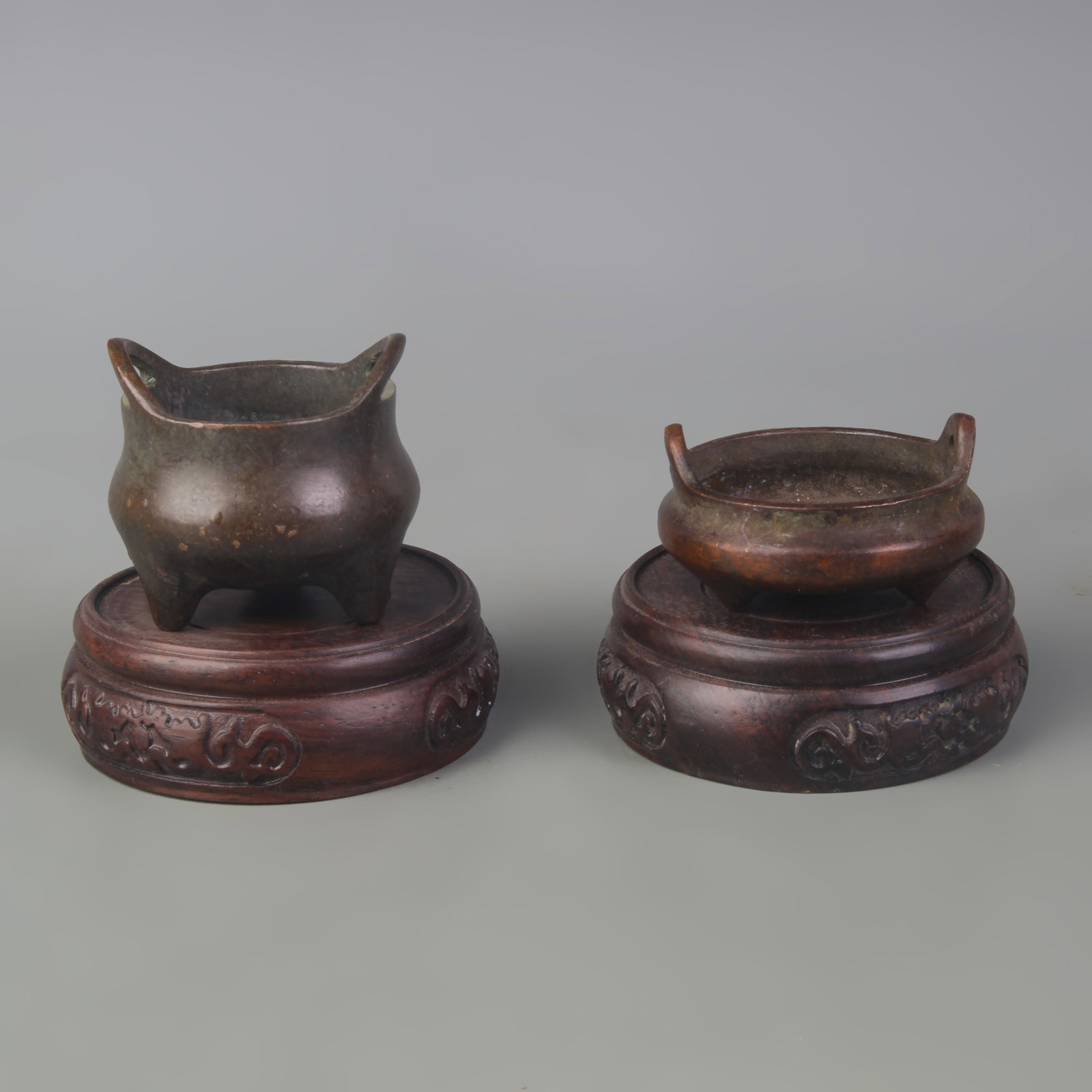 GROUP OF SMALL BRONZE INCENSE BURNERS: Qing Dynasty; High:1.1 inch to 2.0 inch; Wooden base for picture and display only.