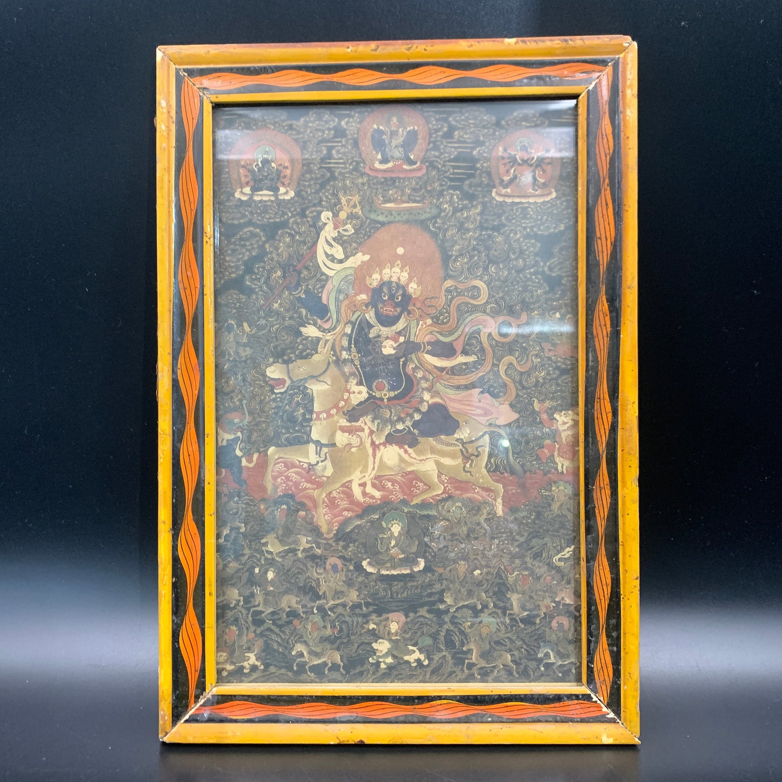 A SMALL VINTAGE TIBETAN BUDDHIST THANGKA IN WOODEN FRAME (1 of 6)