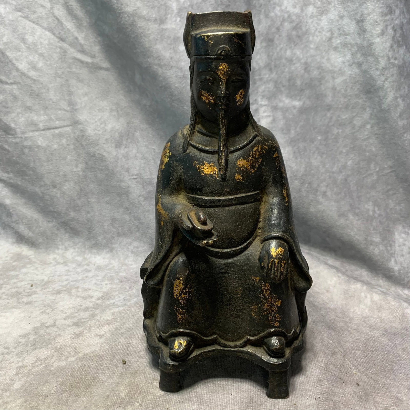 GILT BRONZE LITERARY GOD OF WEALTH STATUE: Qing Dynasty; Long: 4.7 inch; Width: 3.5 inch; High: 9.1 inch. Wooden base for picture and display only.