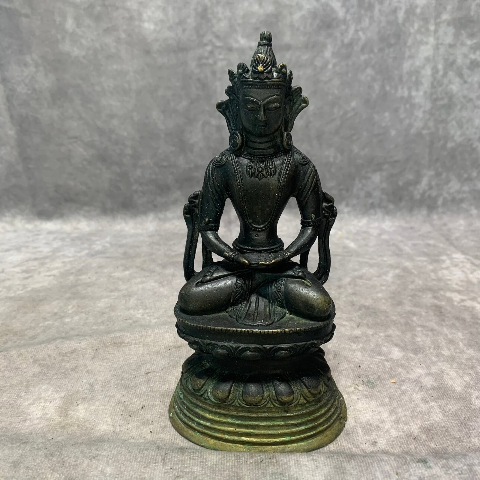 BRONZE SHAKYAMUNI BUDDHA, QING DYNASTY: Qing Dynasty; Long: 3.4 inch; Width: 2.6?2.6 inch; High: 6.7 inch. Wooden base for picture and display only.