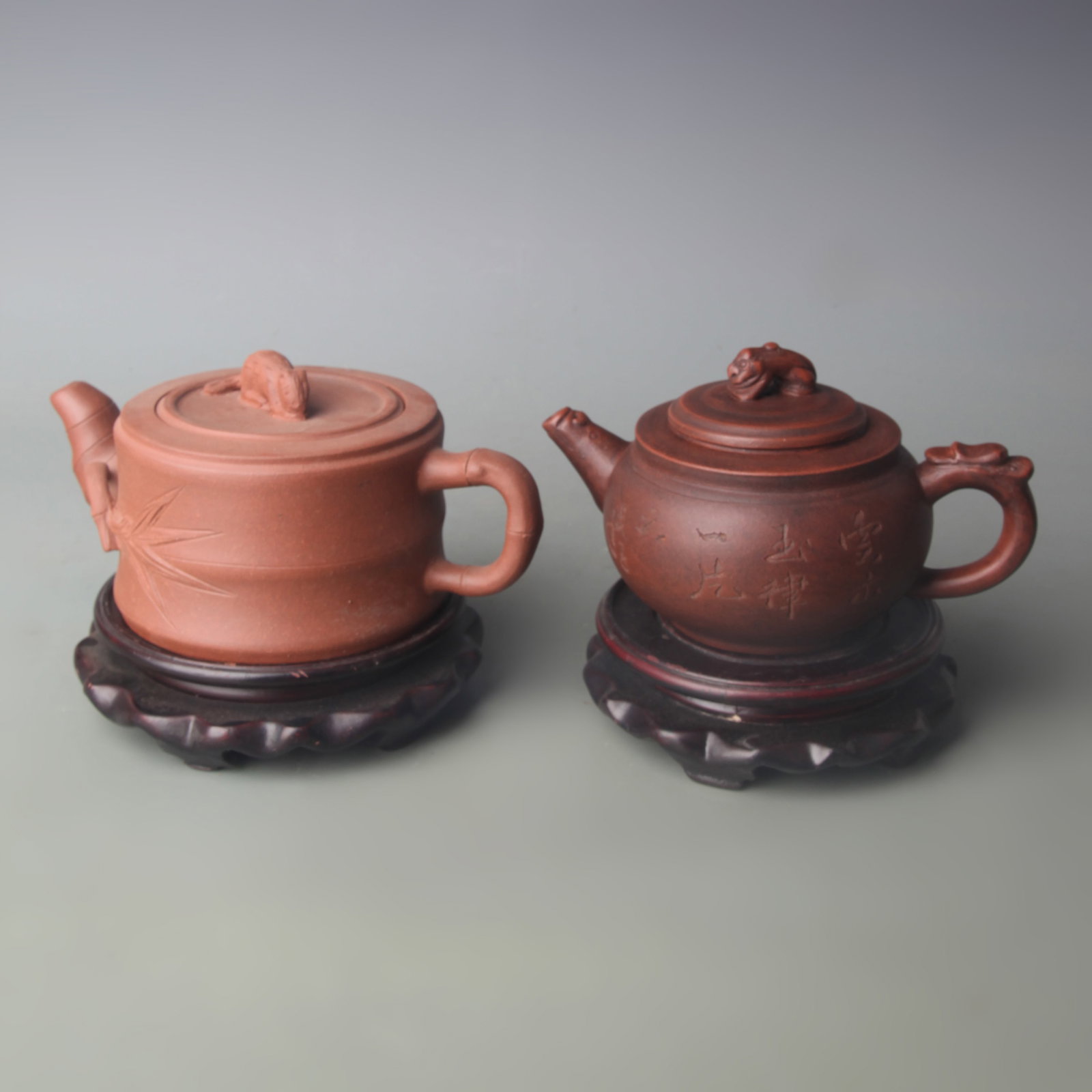 GROUP OF TWO FINELY MADE YIXING ZISHA TEAPOT: Modern, High: 3.8 inch to 3.5 inch. Wooden base for picture and display only.