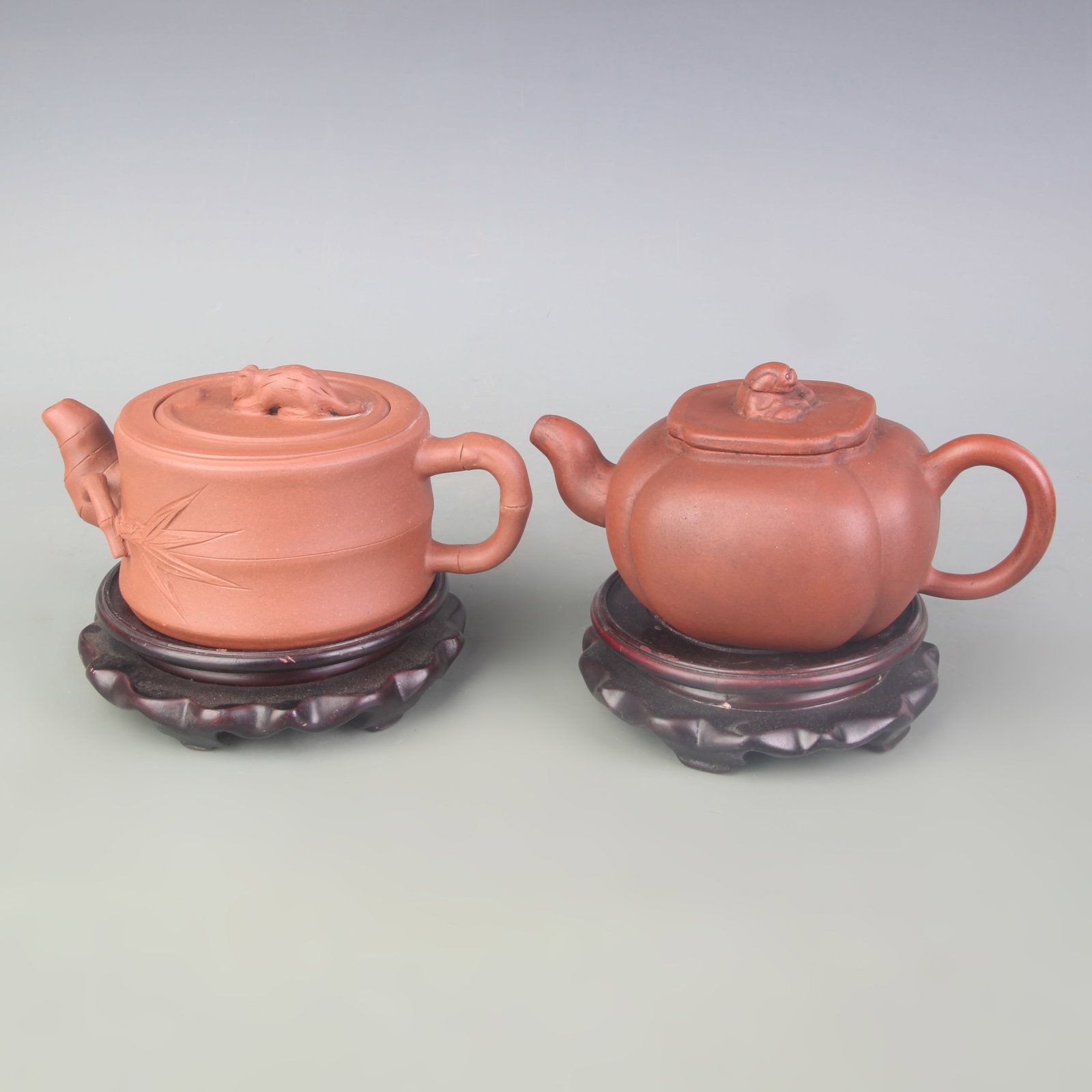 GROUP OF TWO FINELY MADE YIXING ZISHA TEAPOT: Modern, High: 3.5 inch to 3.5 inch. Wooden base for picture and display only.