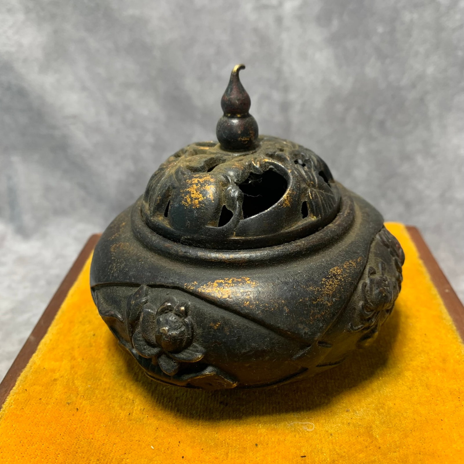 GILDED BRONZE FLORAL INCENSE BURNER: Ming Dynasty Style; High: 3.6 inch D; 4 inch; Wooden base for picture and display only.