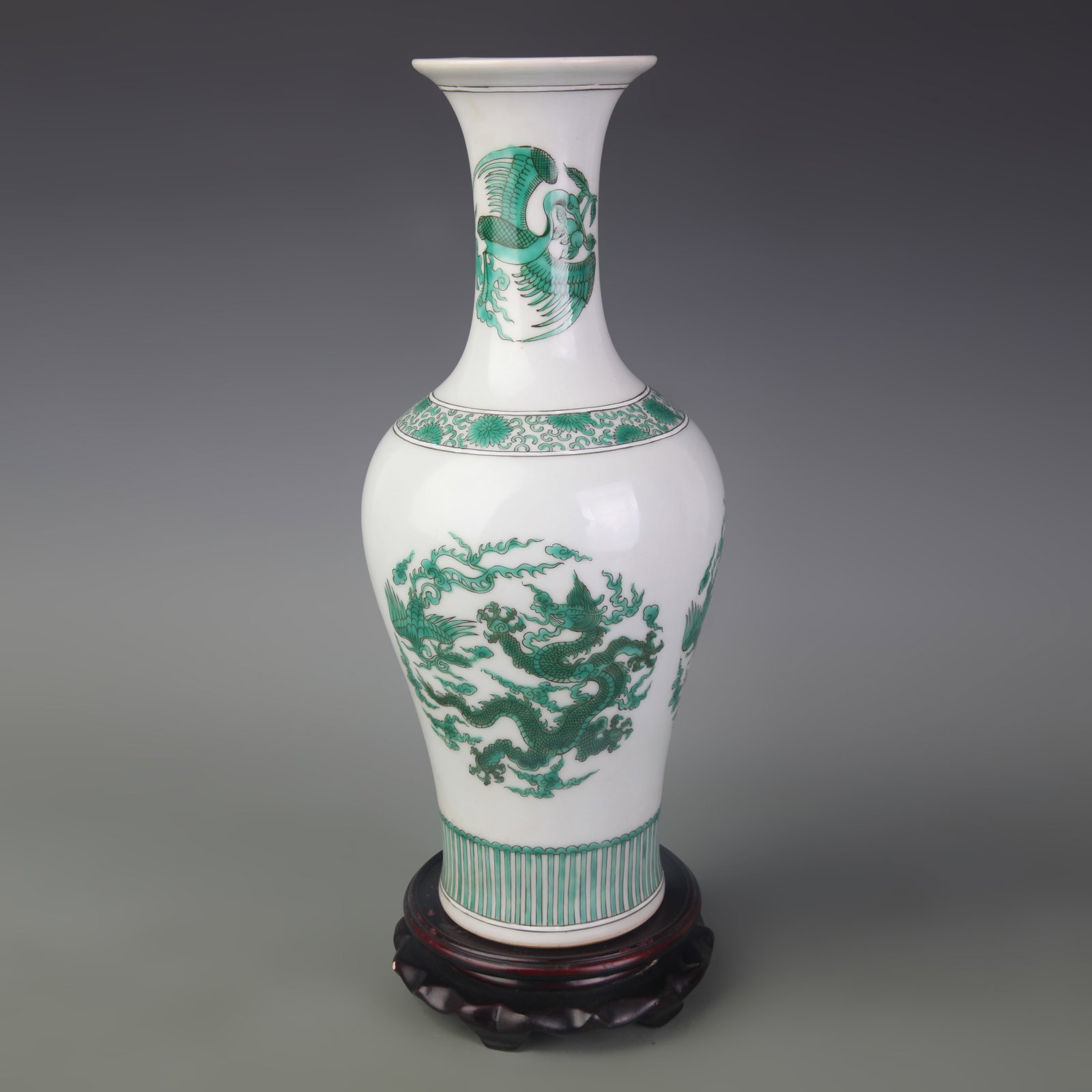 LIGHT GREEN COLOR DRAGON AND PHOENIX PATTERN PORCELAIN VASE: Qing Dynasty Yong Zheng Period; Diameter: 3.4 inch; High: 12.9 inch; Wooden base for picture and display only.