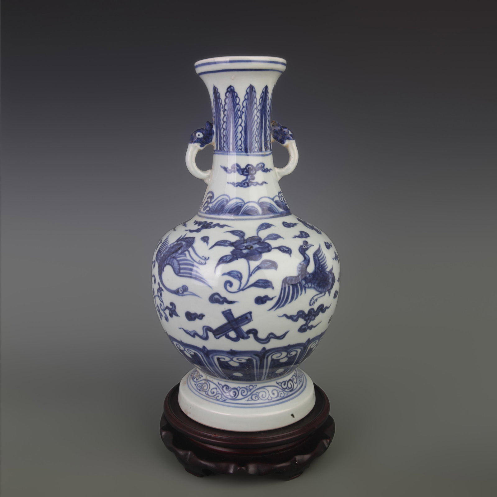 BLUE AND WHITE FLOWER AND BIRD PATTERN PORCELAIN VASE: Ming Dynasty Style, Diameter: 7.5 inch; High: 14.8 inch. Wooden base for picture and display only.
