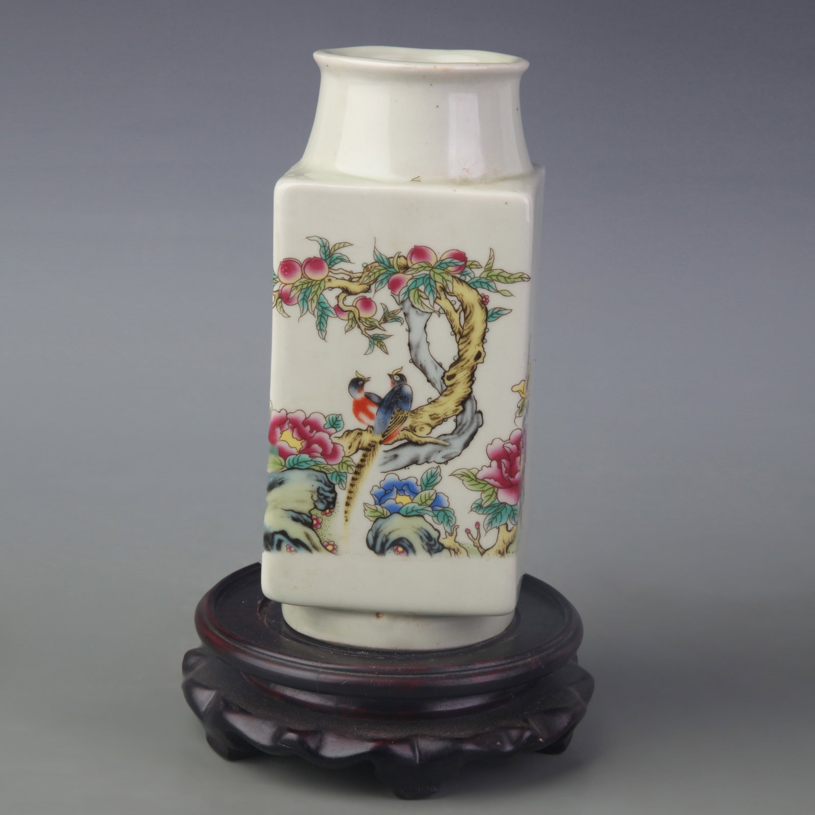 A FAMILLE ROSE CONG-FORM VASE WITH BIRD-AND-FLOWER MOTIF (1 of 5)