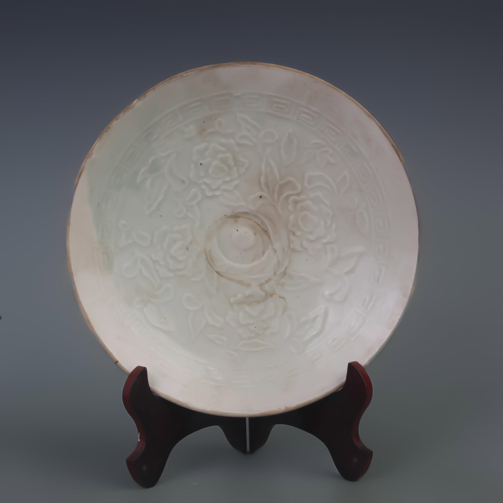 A JUN KILN LIGHT BLUE COLOR FLOWER PATTERN PLATE: Song Dynasty Style; Diameter:9.4 inch; High: 1.7 inch. Wooden base for picture and display only.