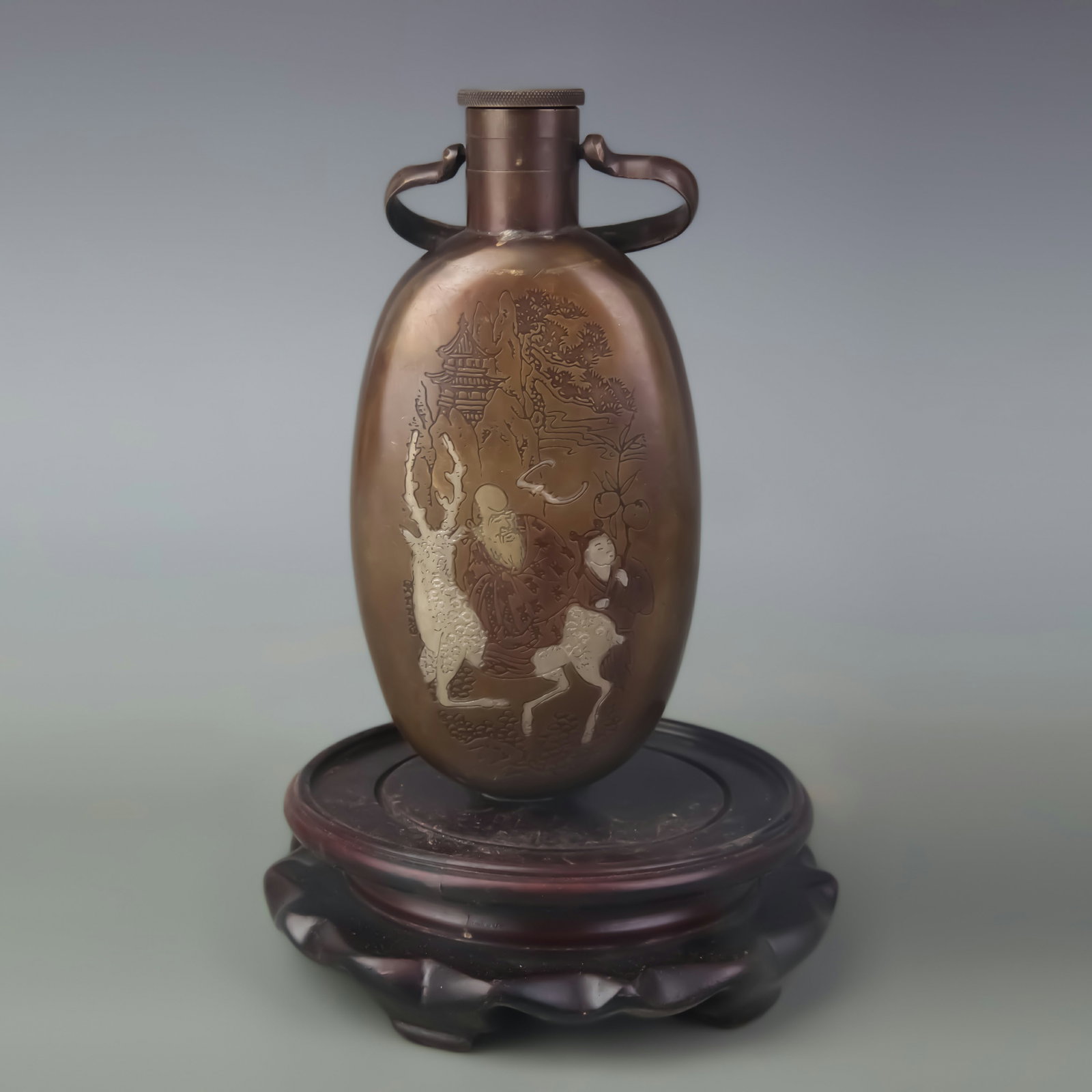 SMALL BRONZE WITH SILVER INLAID STORY PATTERN WINE POT (1 of 5)