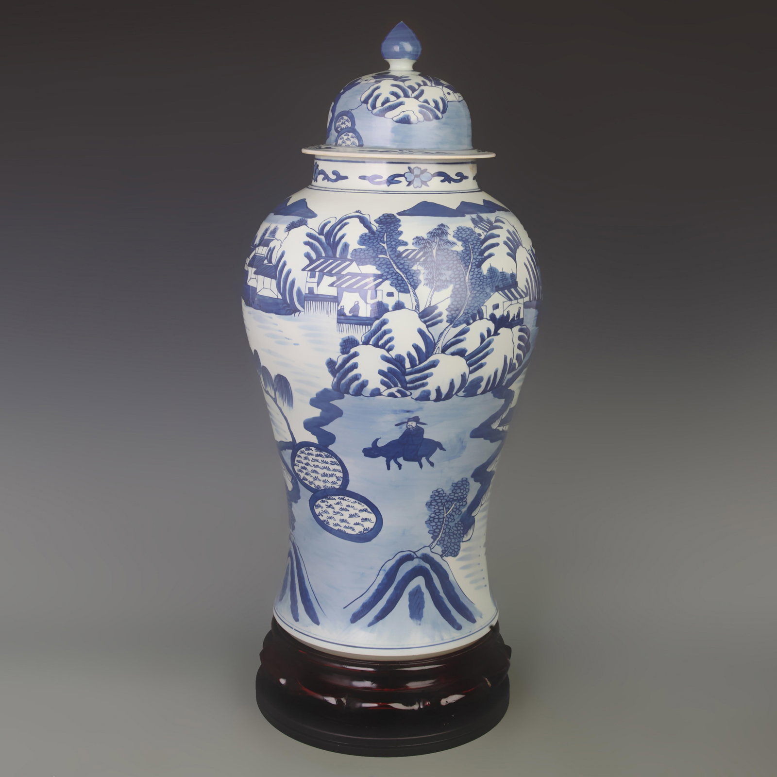 BLUE AND WHITE GENERAL JAR WITH HUMAN FIGURES AND PINE TREES: Qing Dynasty; High:23.2 inch; Diameter: 6.2 inch; Wooden base for picture and display only.