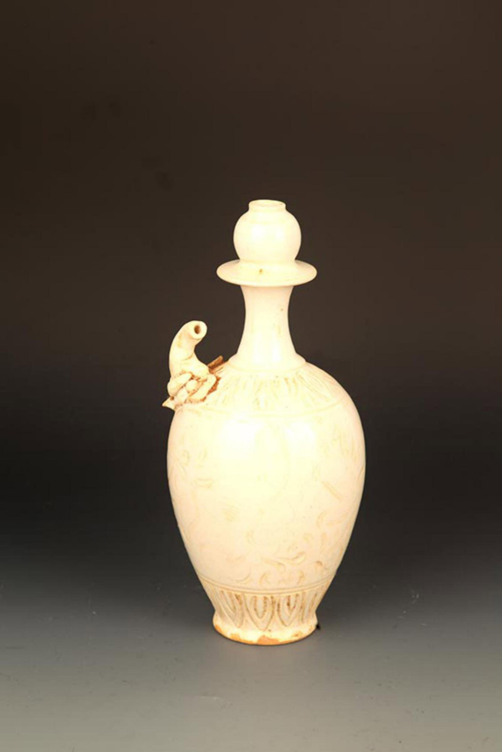 DING KILN WHITE GLAZE INCISED WATER BOTTLE: Song Dynasty Style; High: 11.00 inch; Wooden base for picture and display only.