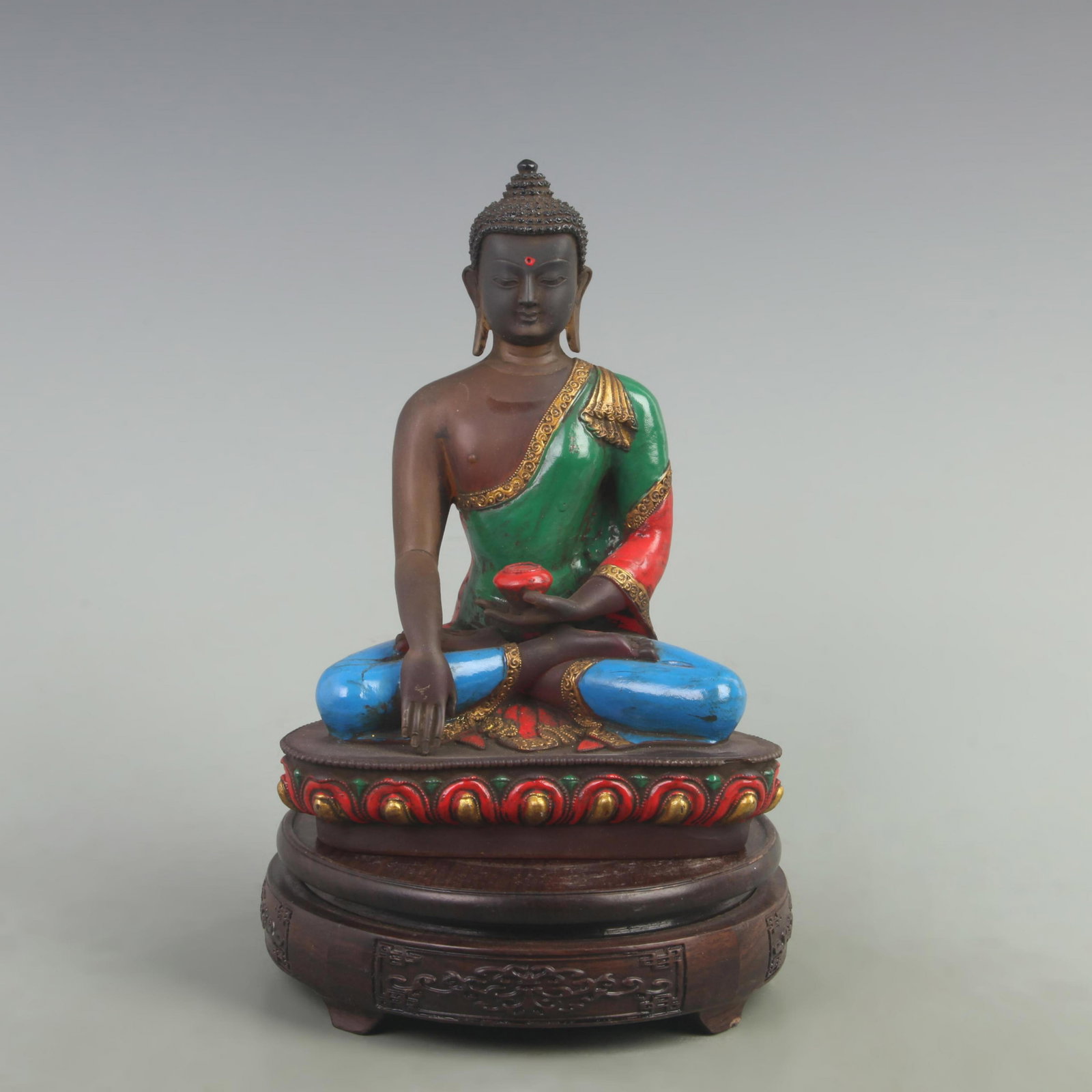 RARE GLASS MADE BHAISAJYAGURU BUDDHA STATUE: 19th Century, High: 8.2 inch; Width: 2.8 inch; Long: 6 inch. Wooden base for picture and display only.