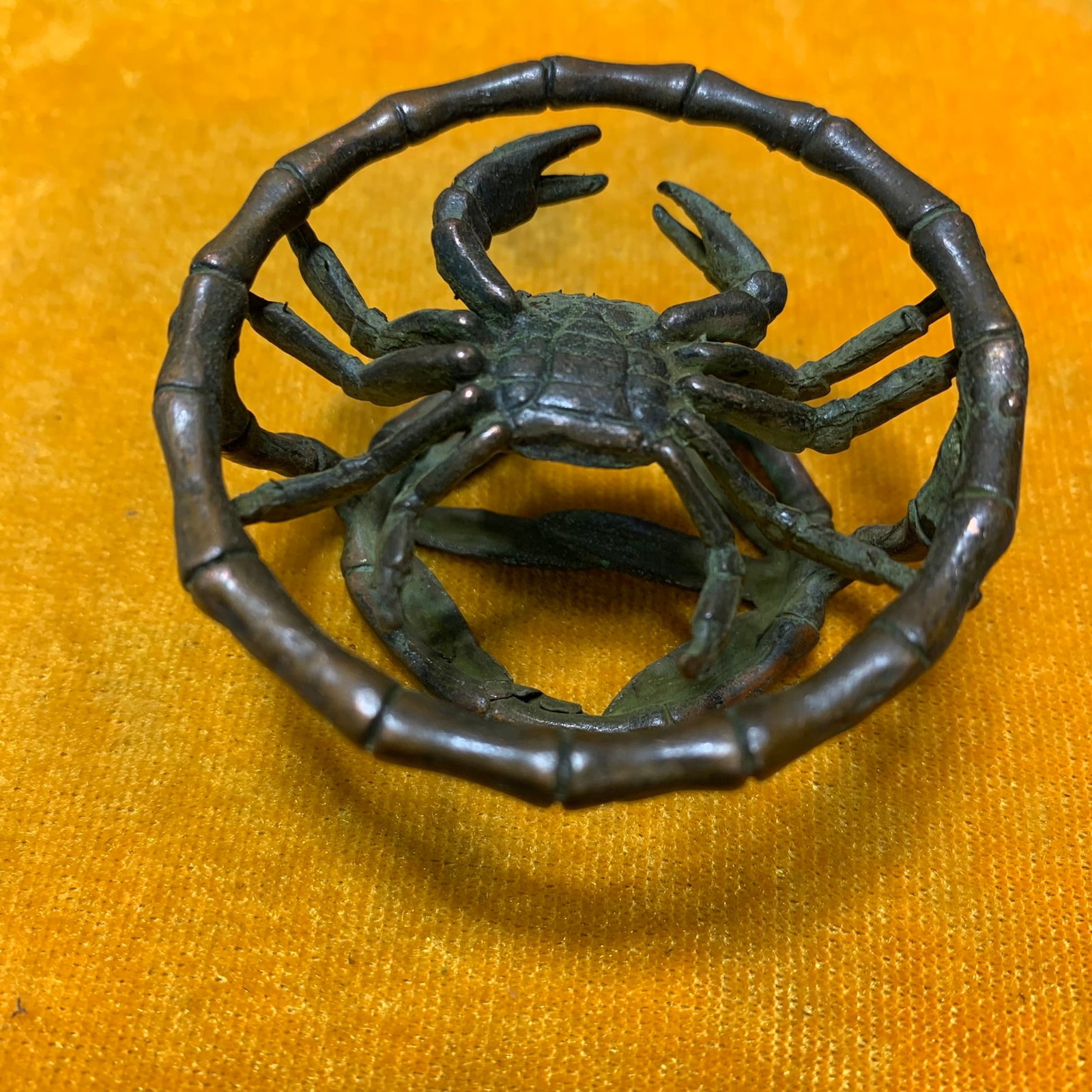 REPUBLIC BRONZE CRAB TEA TRAYS: Republic Period; High; 1.1 inch; Diameter: 2.2 inch; Wooden base for picture and display only.