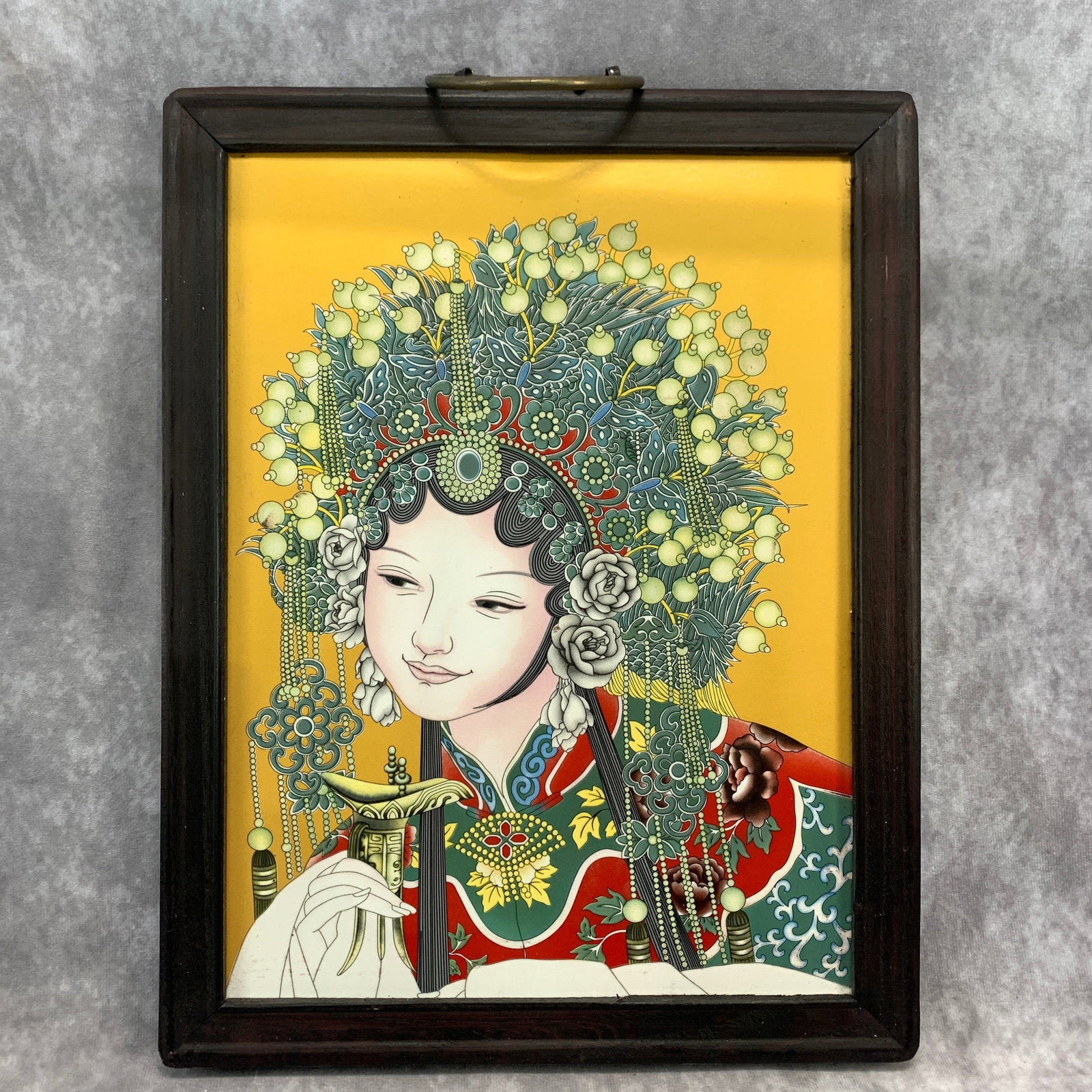 A FINE PORCELAIN PEKING OPERA PAINTING WITH WOOD FRAME: Modern; Long: 14.5 inch; Width: 11.2 inch; High: 0.7 inch. Wooden base for picture and display only.