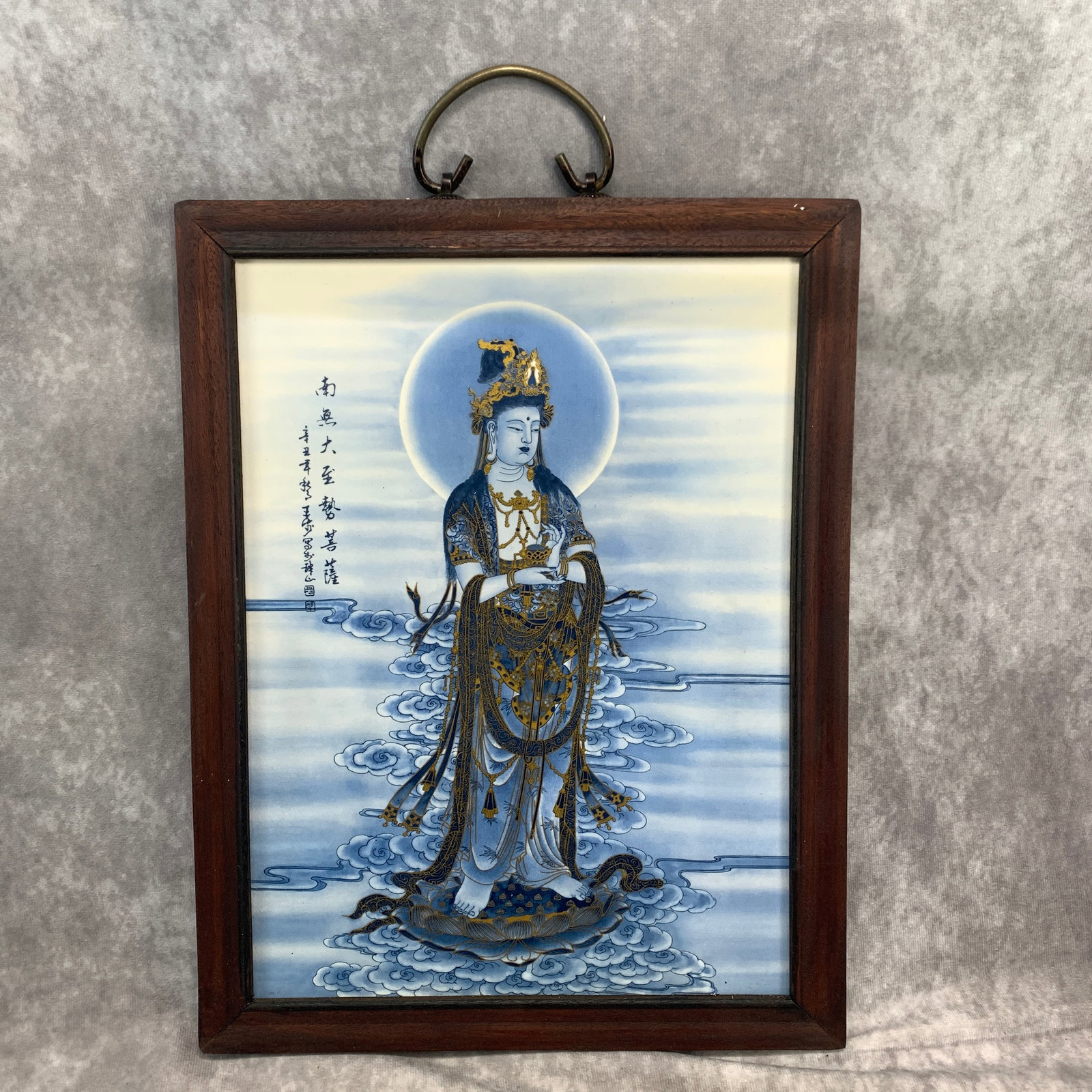 A FINE PORCELAIN PLAQUE GUANYIN PAINTING WITH WOOD FRAME: Modern; Long: 14.5 inch; Width: 11.2 inch; High: 0.7 inch. Wooden base for picture and display only.