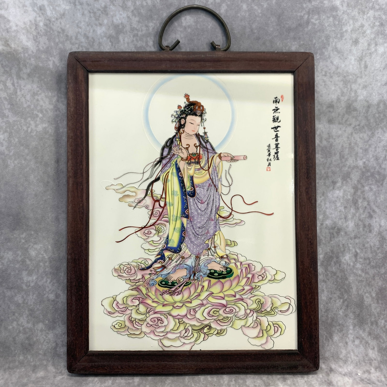 A FINE PORCELAIN PLAQUE GUANYIN PAINTING WITH WOOD FRAME: Modern; Long: 14.5 inch; Width: 11.2 inch; High: 0.7 inch. Wooden base for picture and display only.