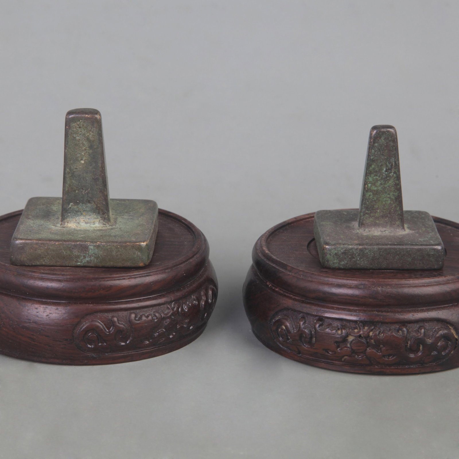 A GROUP OF TWO SMALL SQUARE SEALS: Qing Dynasty; Width: 1.7 inch; High: 1.7 inch; Wooden base for picture and display only.
