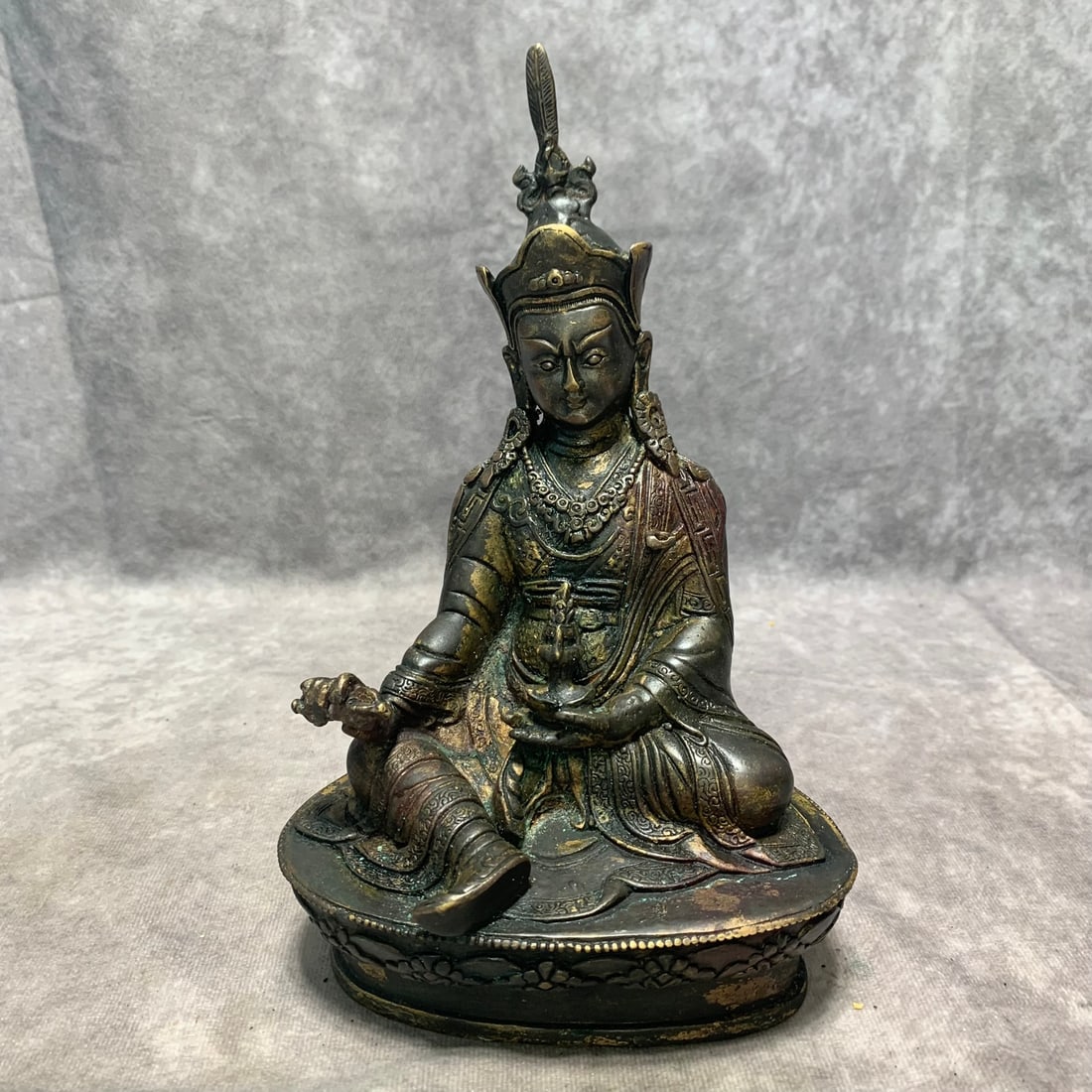 TIBETAN GILT BRONZE DHARMAPALA STATUE: Qing Dynasty; Long: 5.5 inch; Width: 4 inch; High: 8.6 inch. Wooden base for picture and display only.