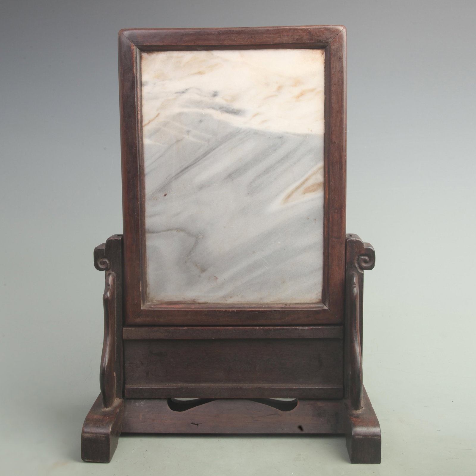 A FINE REDWOOD MADE MARBLE INLAY TABLE SCREEN: Ming Dynasty Style, High: 15.4 inch; High: 10.6 inch. Wooden base for picture and display only.