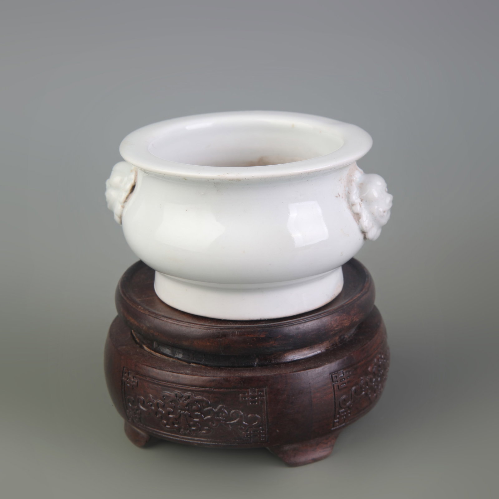 WHITE GLAZE BEAST EAR SMALL INCENSE PORCELAIN BURNER: Ming Dynasty Style; Diameter: 3.2 in; High: 2.0 in; Wooden base for picture and display only.