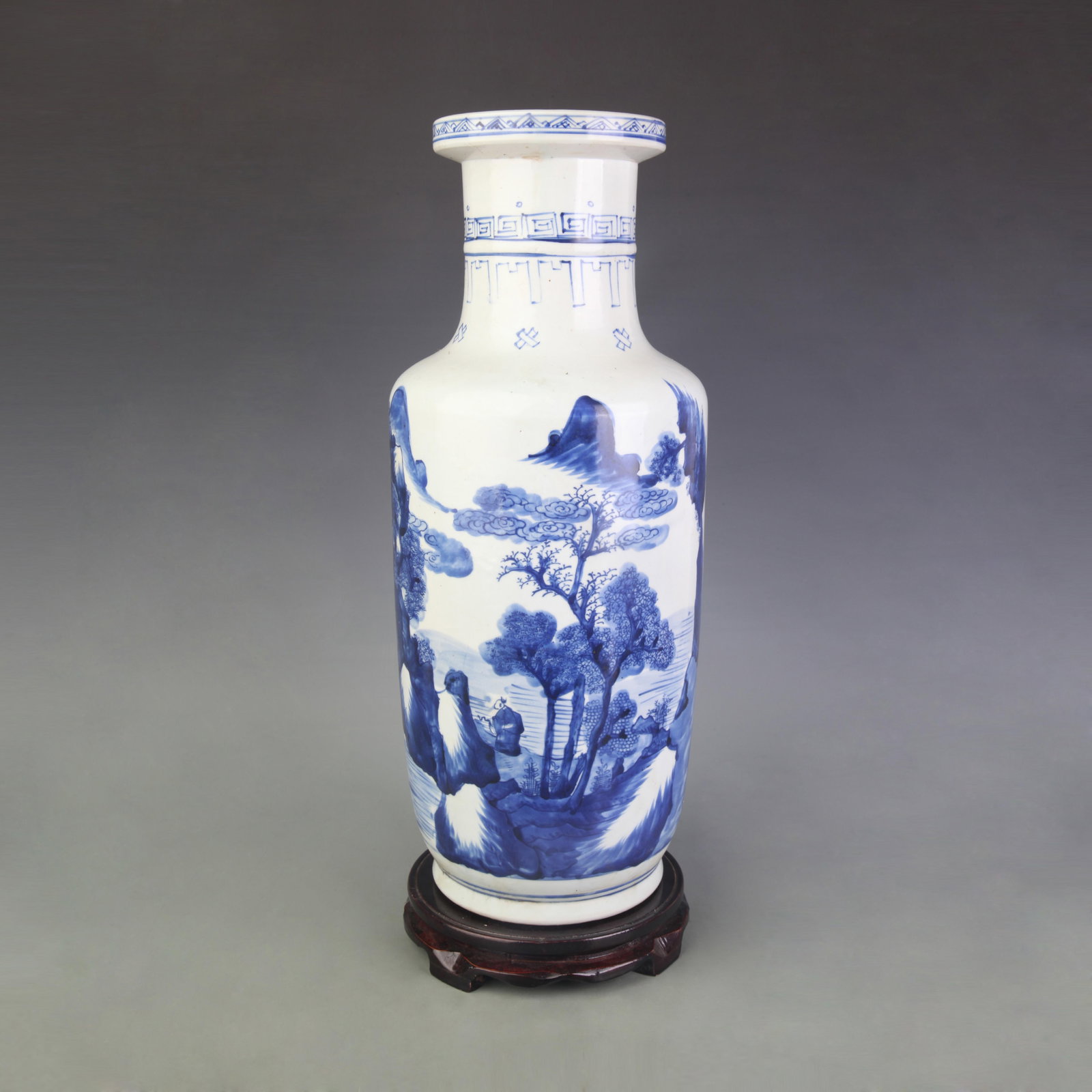 BLUE AND WHITE LANDSCAPE PATTERN PORCELAIN APPRECIATION VASE: Qing Dynasty Qian Long Period : 5.0 inch; High: 17.1 inch. Wooden base for picture and display only.