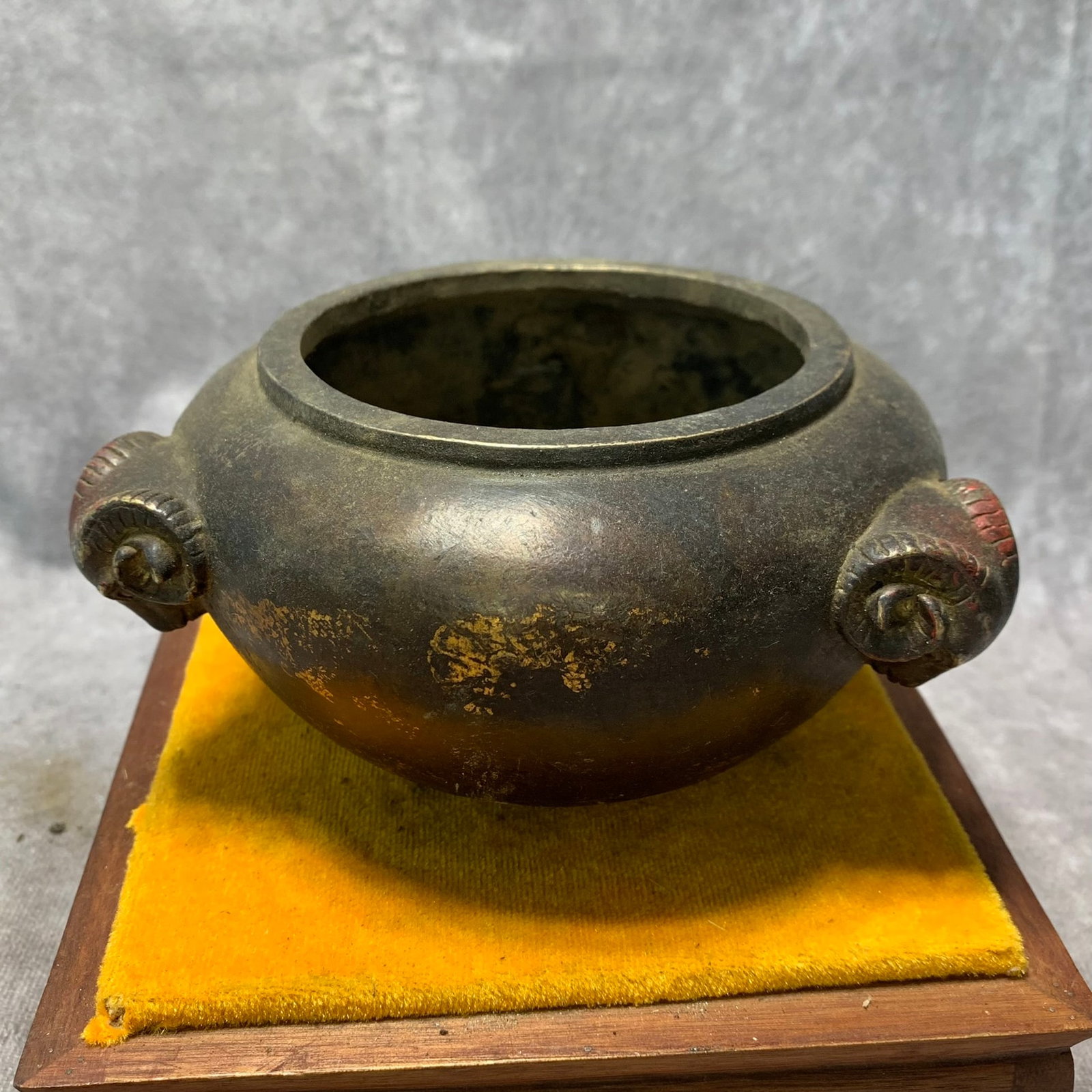 YU TANG QING WAN MARKED BRONZE GILDED INCENSE BURNER: Qing Dynasty; High: 3 inch; Diameter: 5.5 inch; Wooden base for picture and display only.